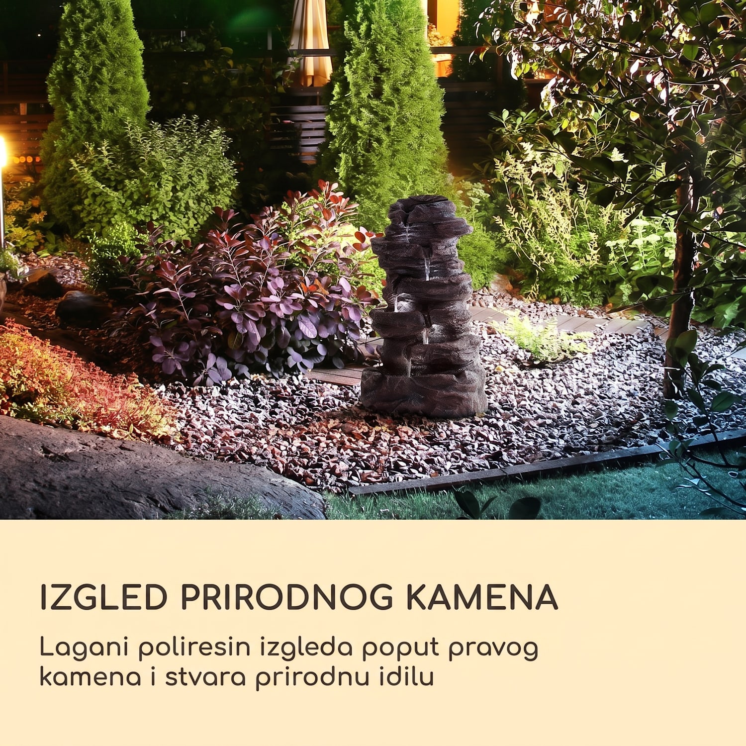 Stonehenge XL, solarna fontana, LED rasvjeta, poliresin, litij-ionska baterija 46 x 88 x 35 cm | Kamen od crnog oniksa
