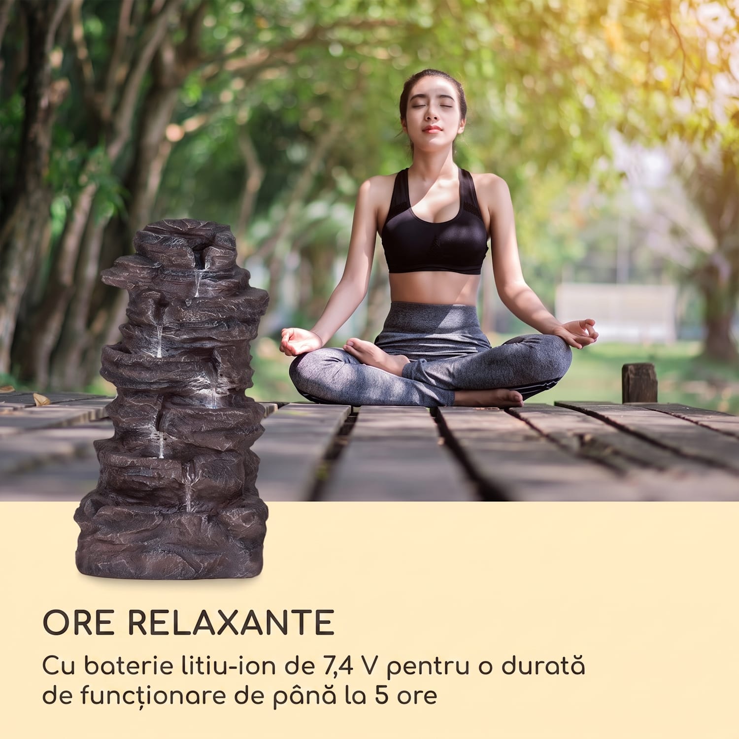 Stonehenge XL, fântână solară, iluminat cu LED-uri, polirășină, baterie litiu-ion 46 x 88 x 35 cm | Piatră din onix negru