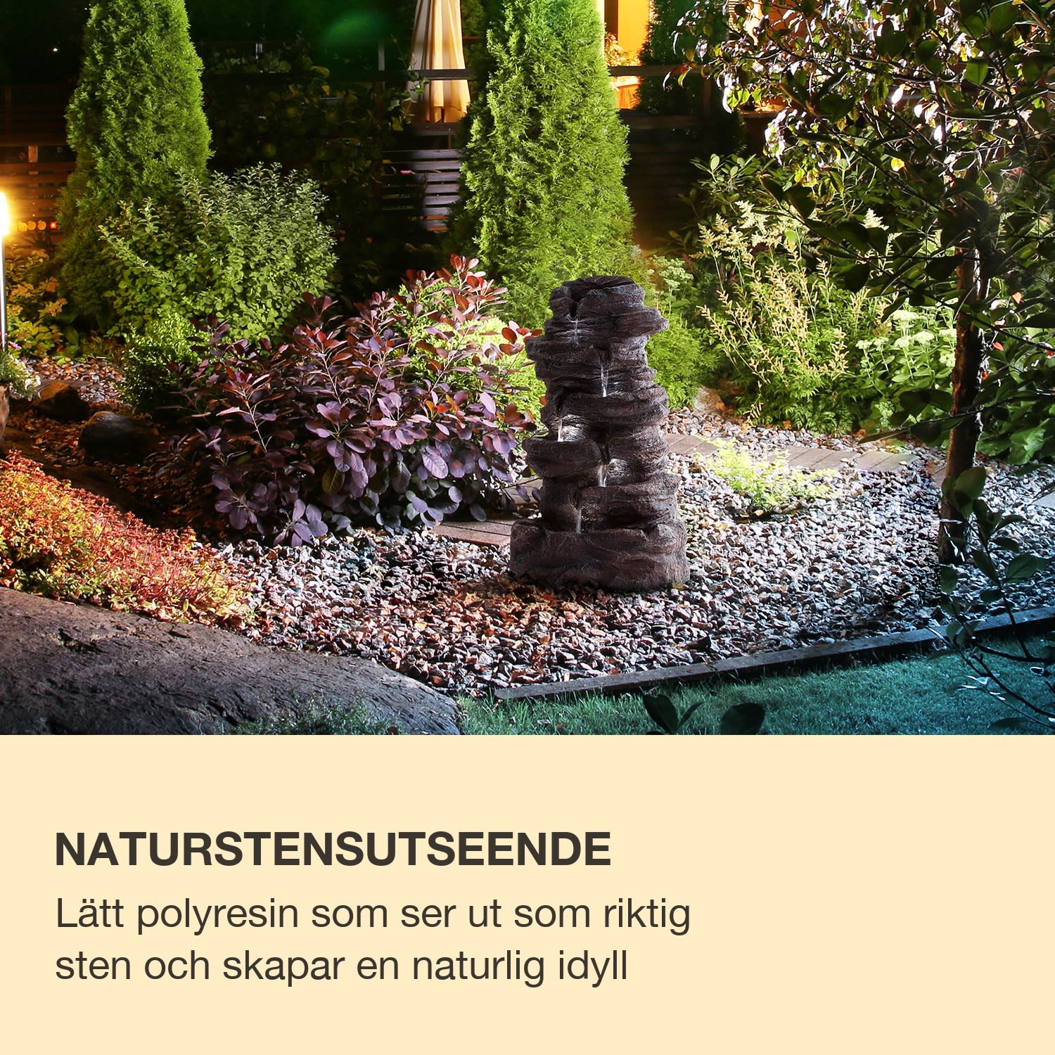 Stonehenge XL Solfontän LED-belysning polyesterharts litiumjonbatteri  46 x 88 x 35 cm | Svart Onyx Sten