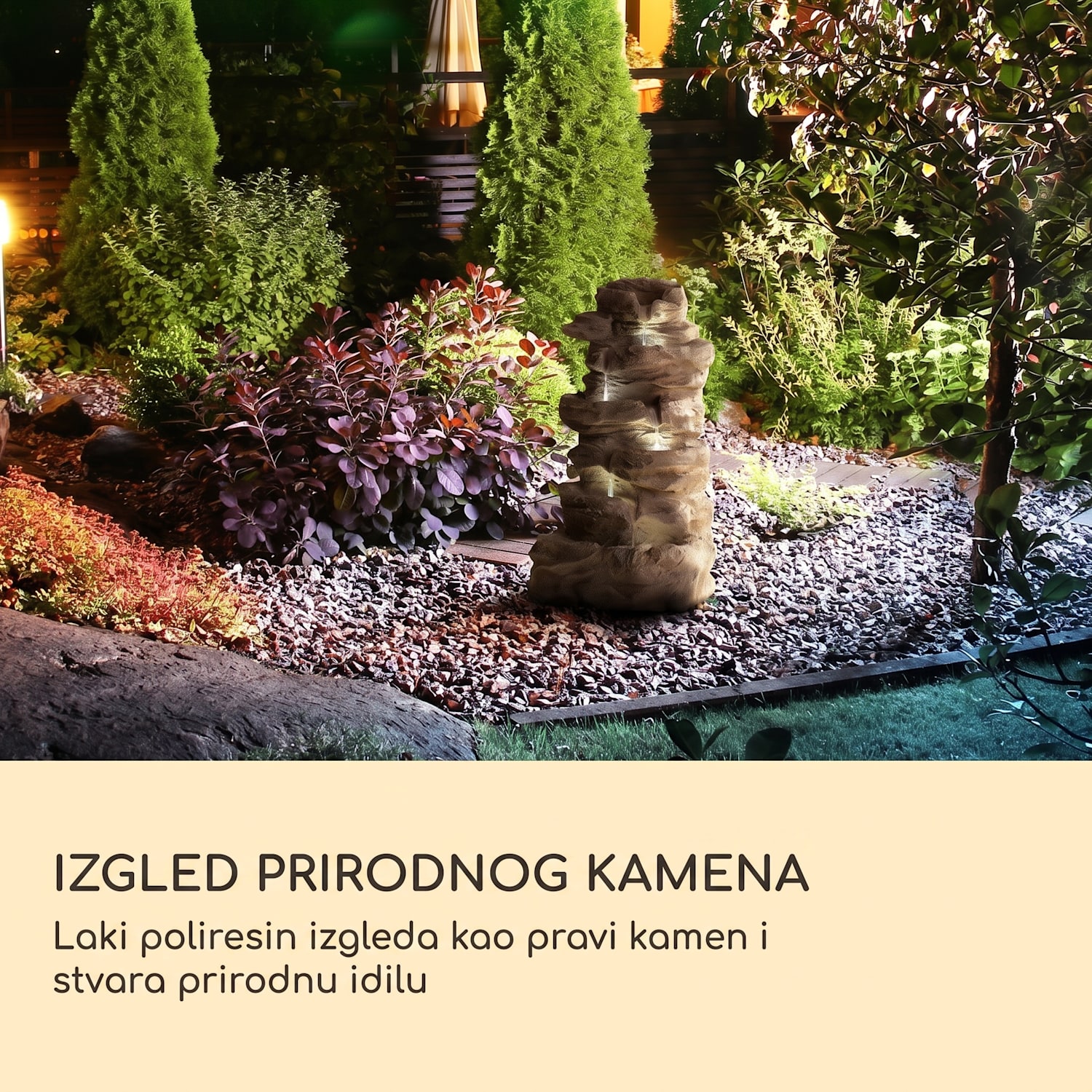 Stonehenge XL, solarna fontana, LED rasvjeta, poliresin, litij-ionska baterija 46 x 88 x 35 cm | Hladno sivi kamen