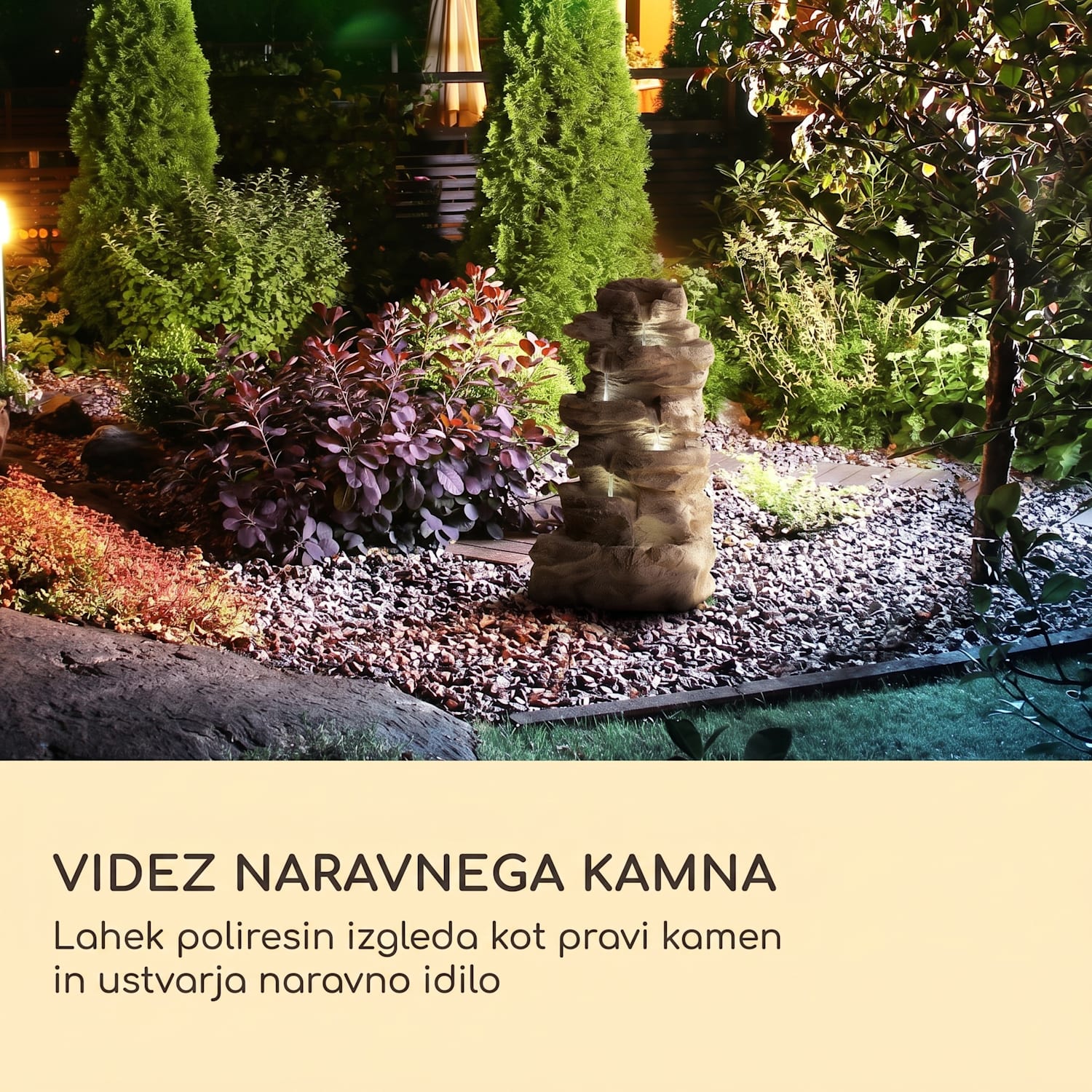 Stonehenge XL, solarna fontana, osvetlitev LED, poliresin, litij-ionska baterija 46 x 88 x 35 cm | Hladen siv kamen