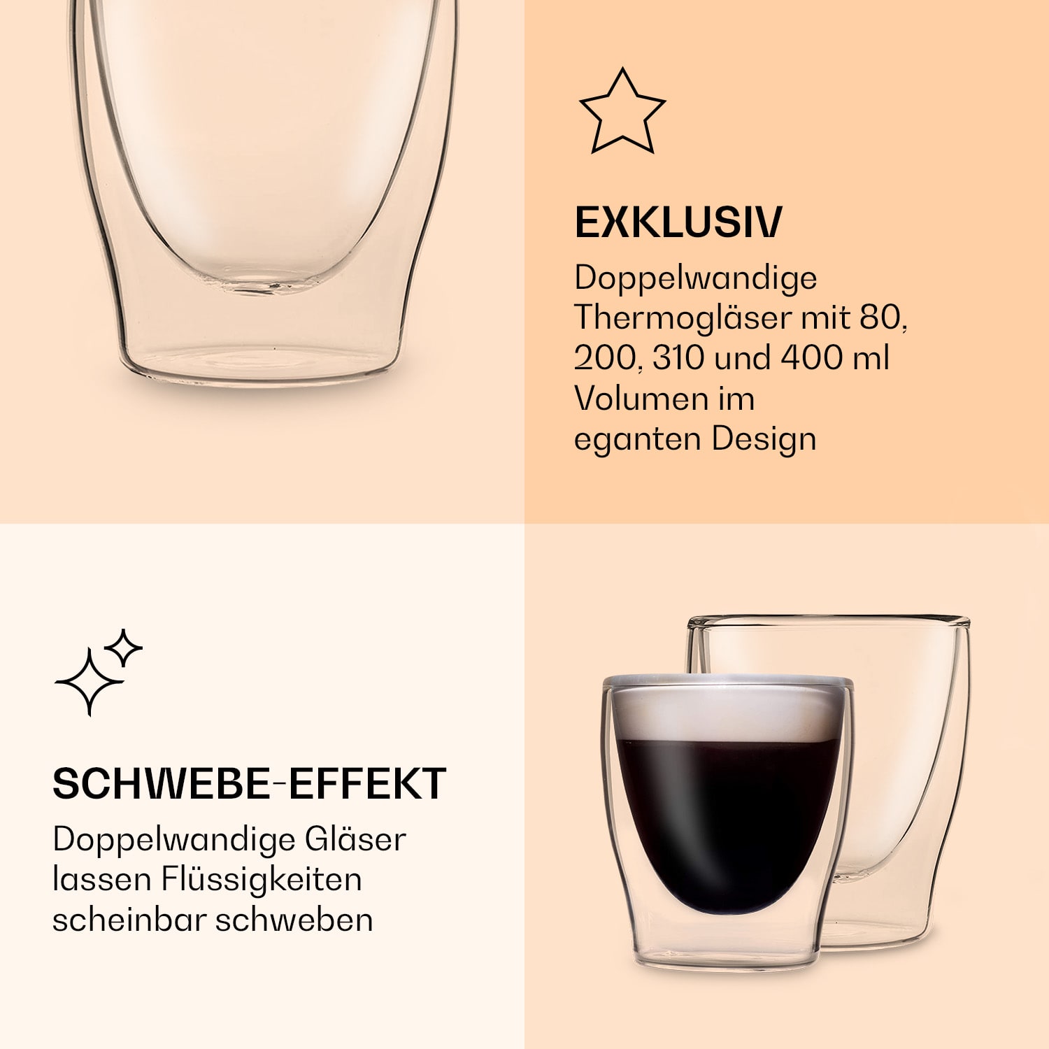 DUOS doppelwandiges Glas | Thermoglas | 80, 200, 310,  400 ml | Trinkglas | Espressoglas,  Teeglas, Shotglas | für heiße und kalte Getränke | Borosilikatglas| hitze- und  kältebeständig | handgemacht | spülmaschinenfest | Schwebe-Effekt Einzelpack