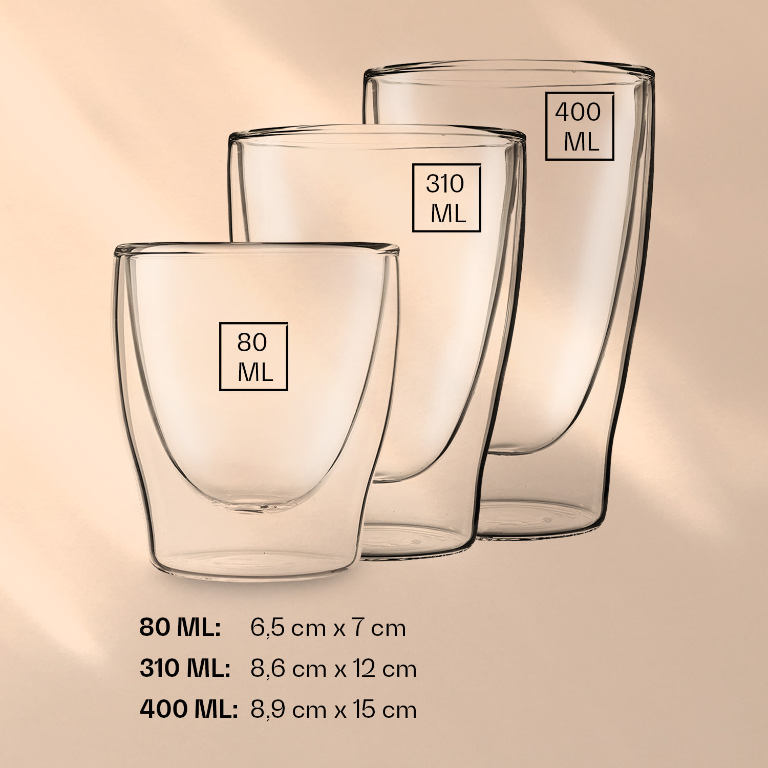 DUOS, dvoustěnná sklenice, 2x 80, 310, 400 ml Sada 2 kusů