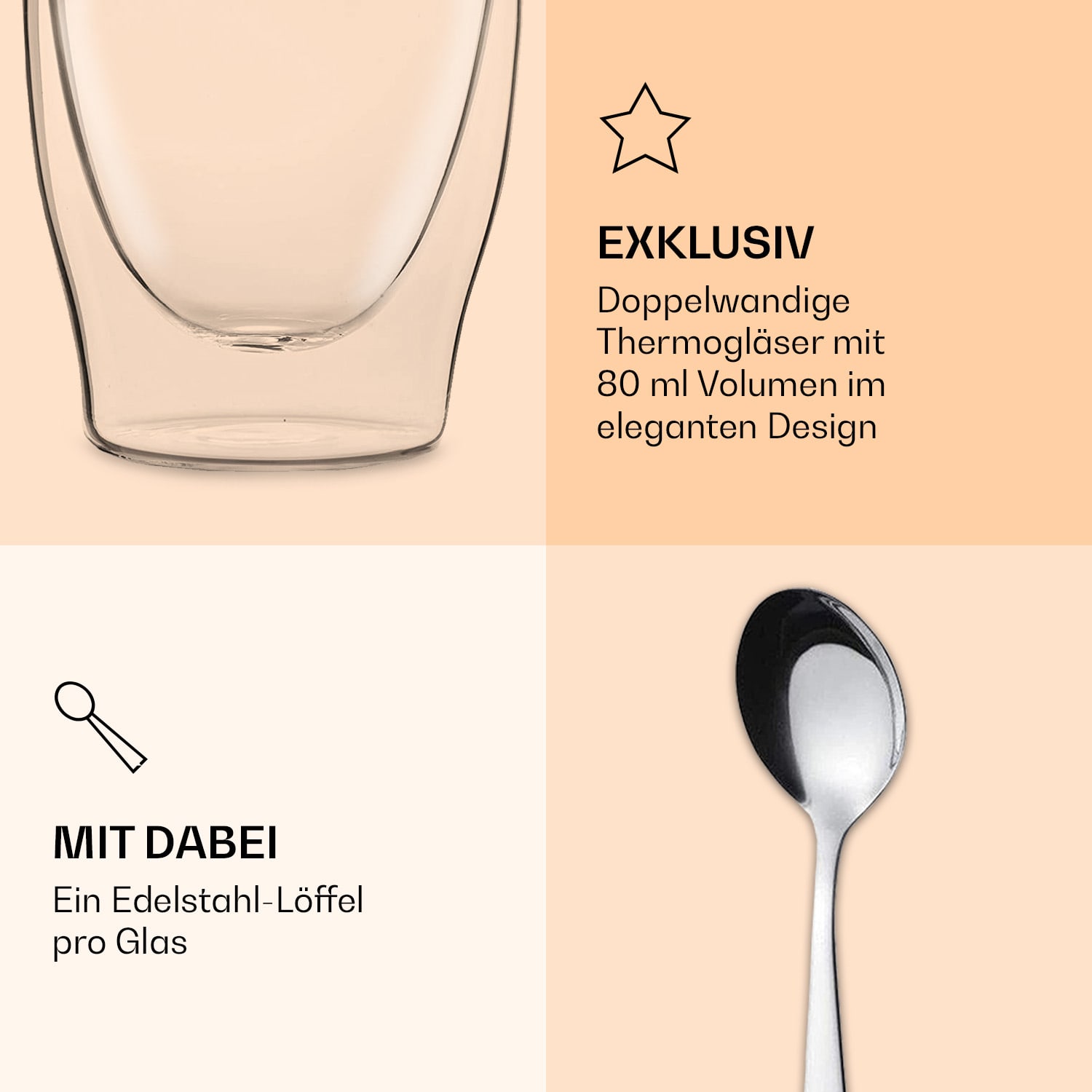 DUOS doppelwandiges Glas 80 ml Thermofunktion inkl. Edelstahl-Löffel 6er-Set