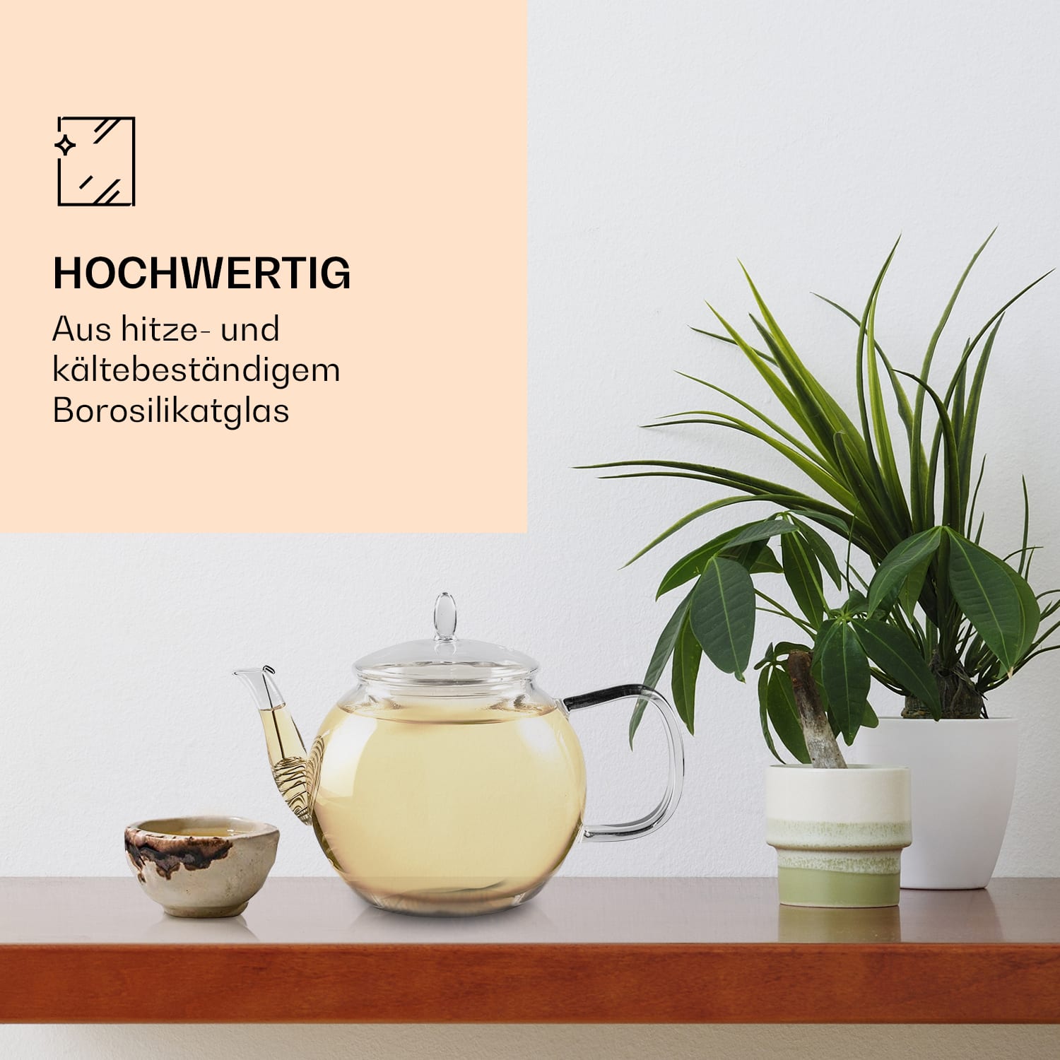 Glaskanne 800 ml | Borosilikatglas | mit Deckel und Teesieb Weißer Tee