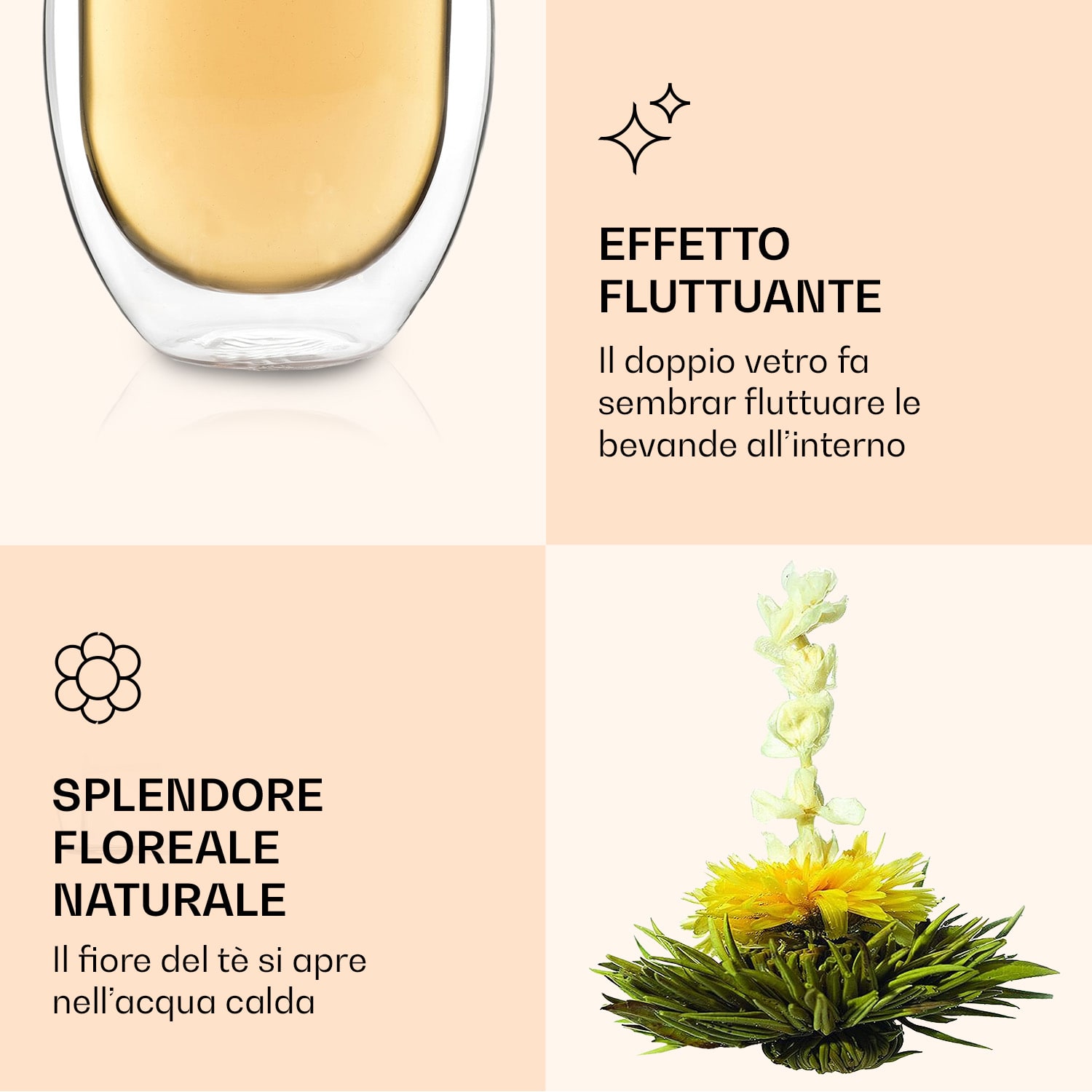 Ice - Bicchiere con fiore di tè, 320 ml, in vetro borosilicato a doppia parete set da 4