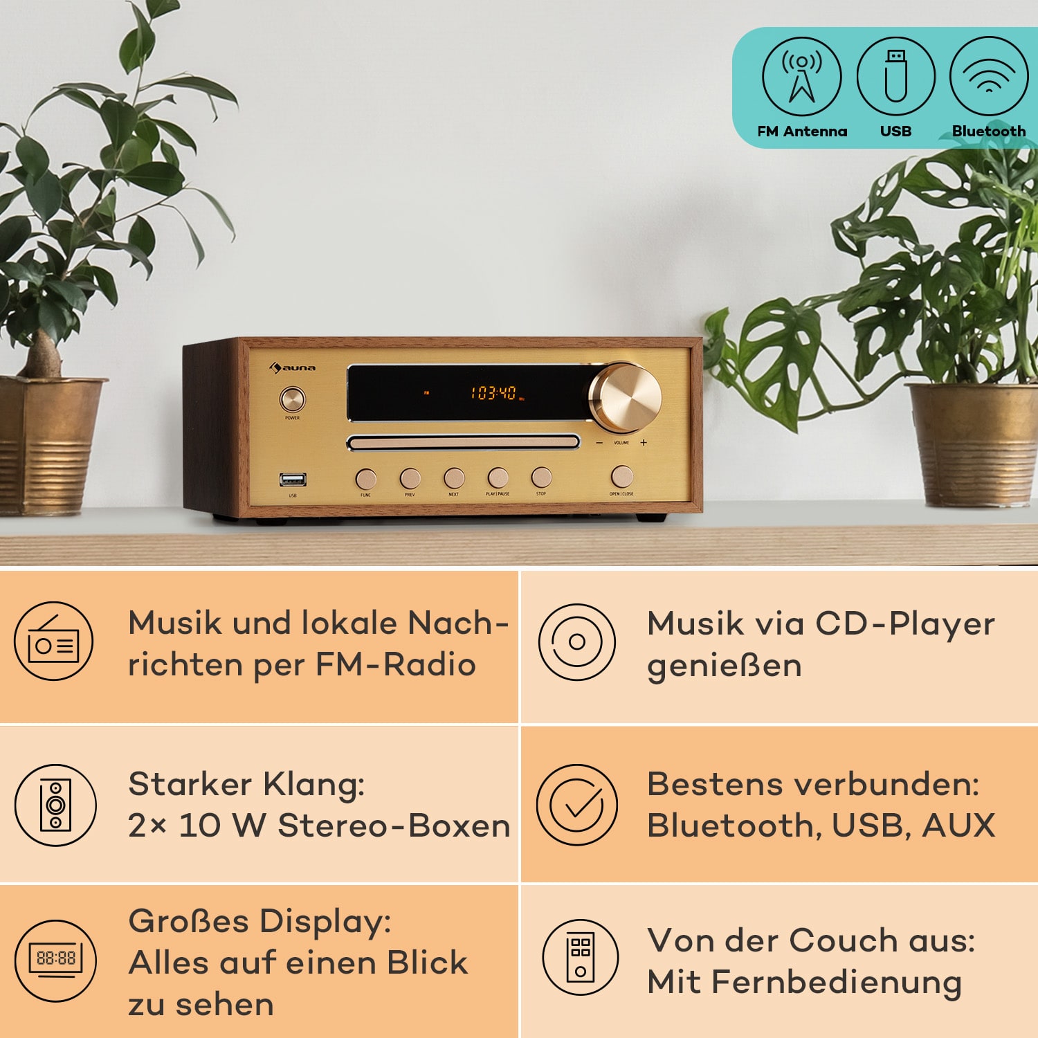 Berklee HiFi Stereo System BT Stereo-Lautsprecher UKW MP3 USB Line-In Teakholz