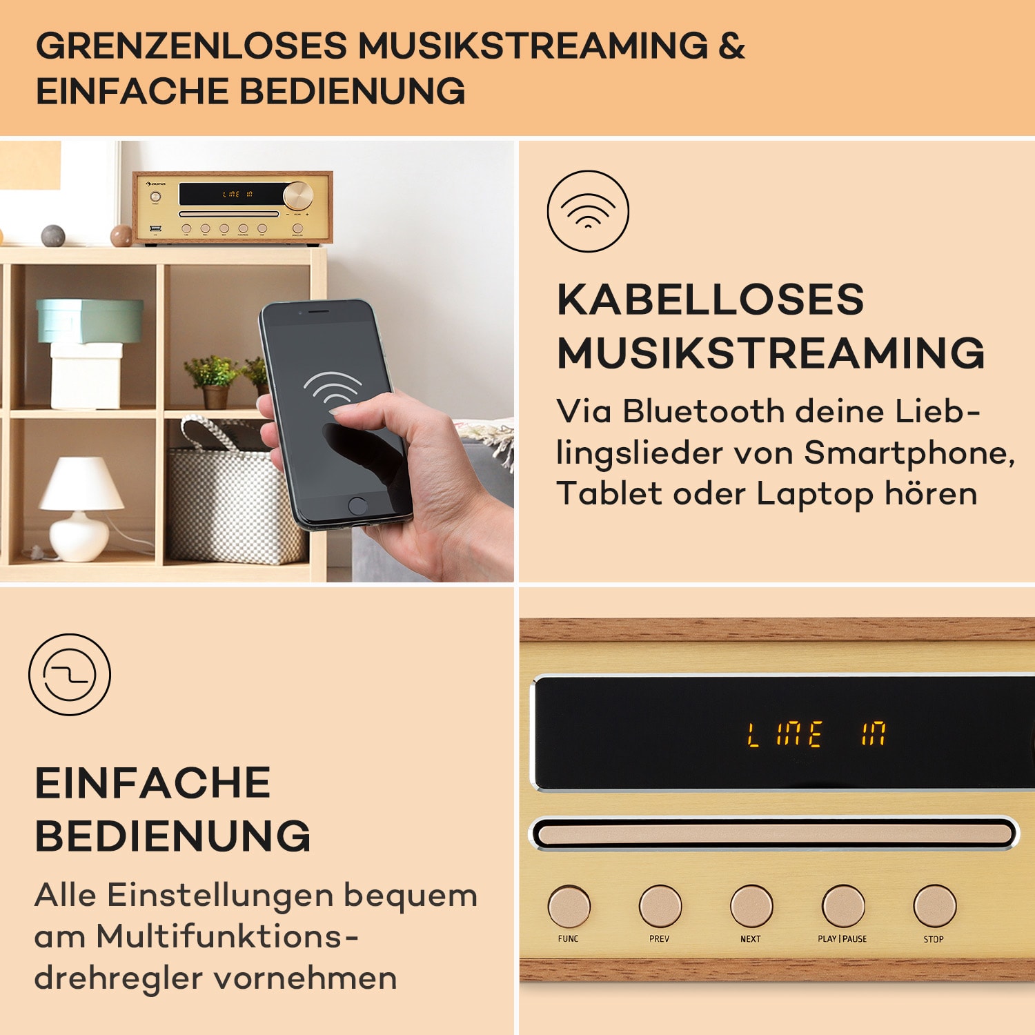 Berklee HiFi Stereo System BT Stereo-Lautsprecher UKW MP3 USB Line-In Teakholz