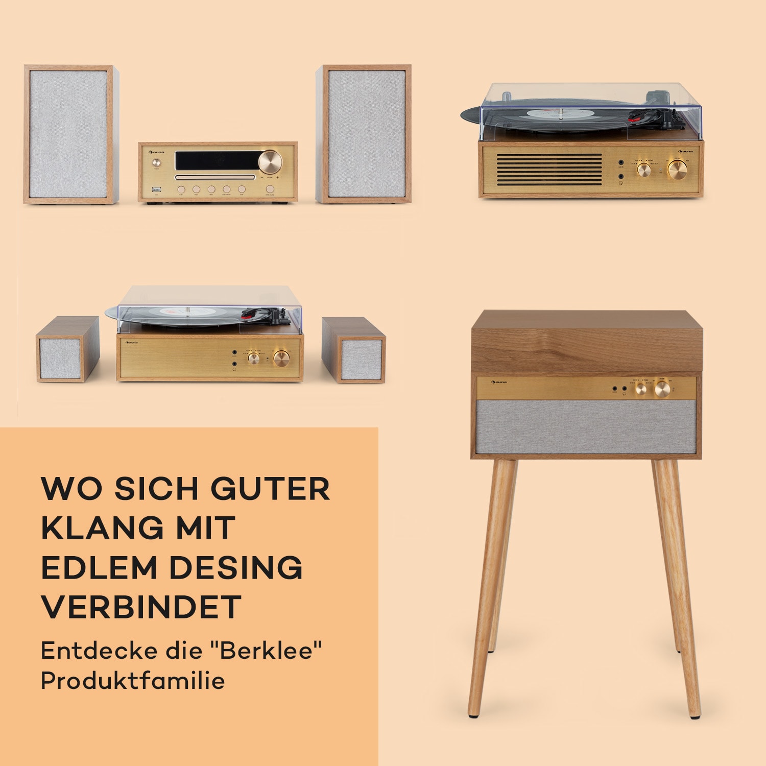 Berklee HiFi Stereo System BT Stereo-Lautsprecher UKW MP3 USB Line-In Teakholz