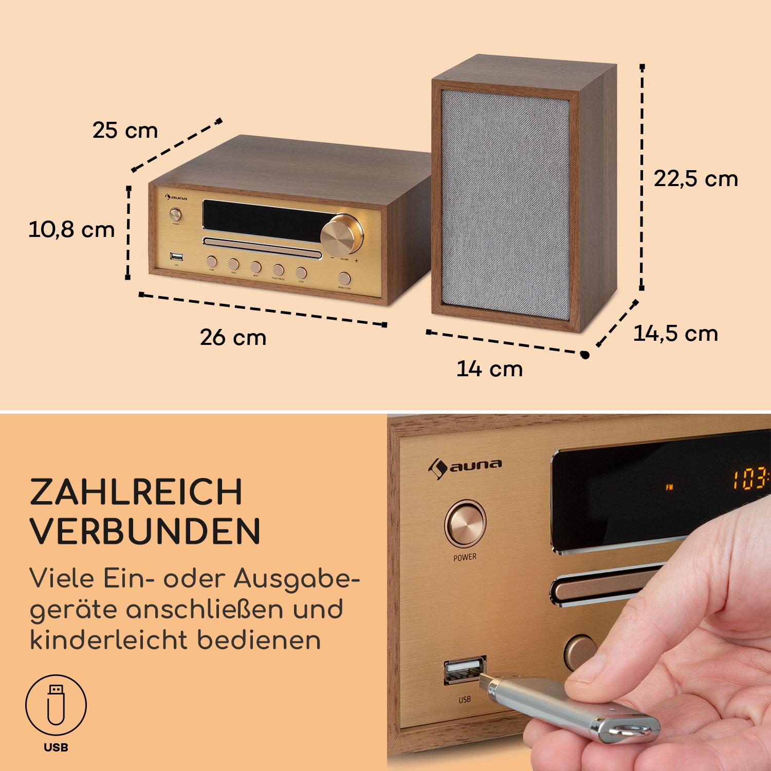 Berklee HiFi Stereo System BT Stereo-Lautsprecher UKW MP3 USB Line-In Teakholz