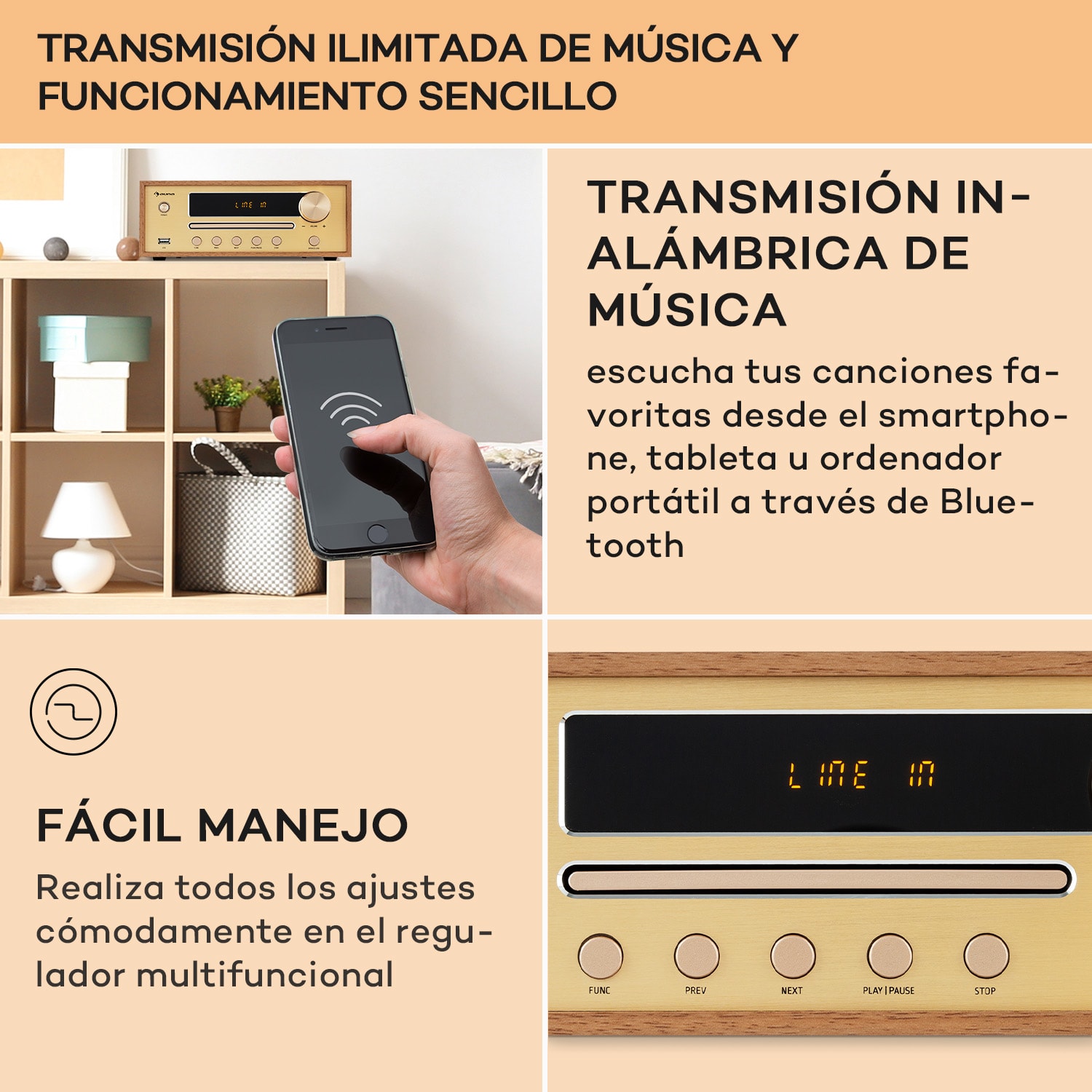 Berklee HiFi Stereo System Altavoz estéreo Bluetooth UWK MP3 USB Line-In Teca