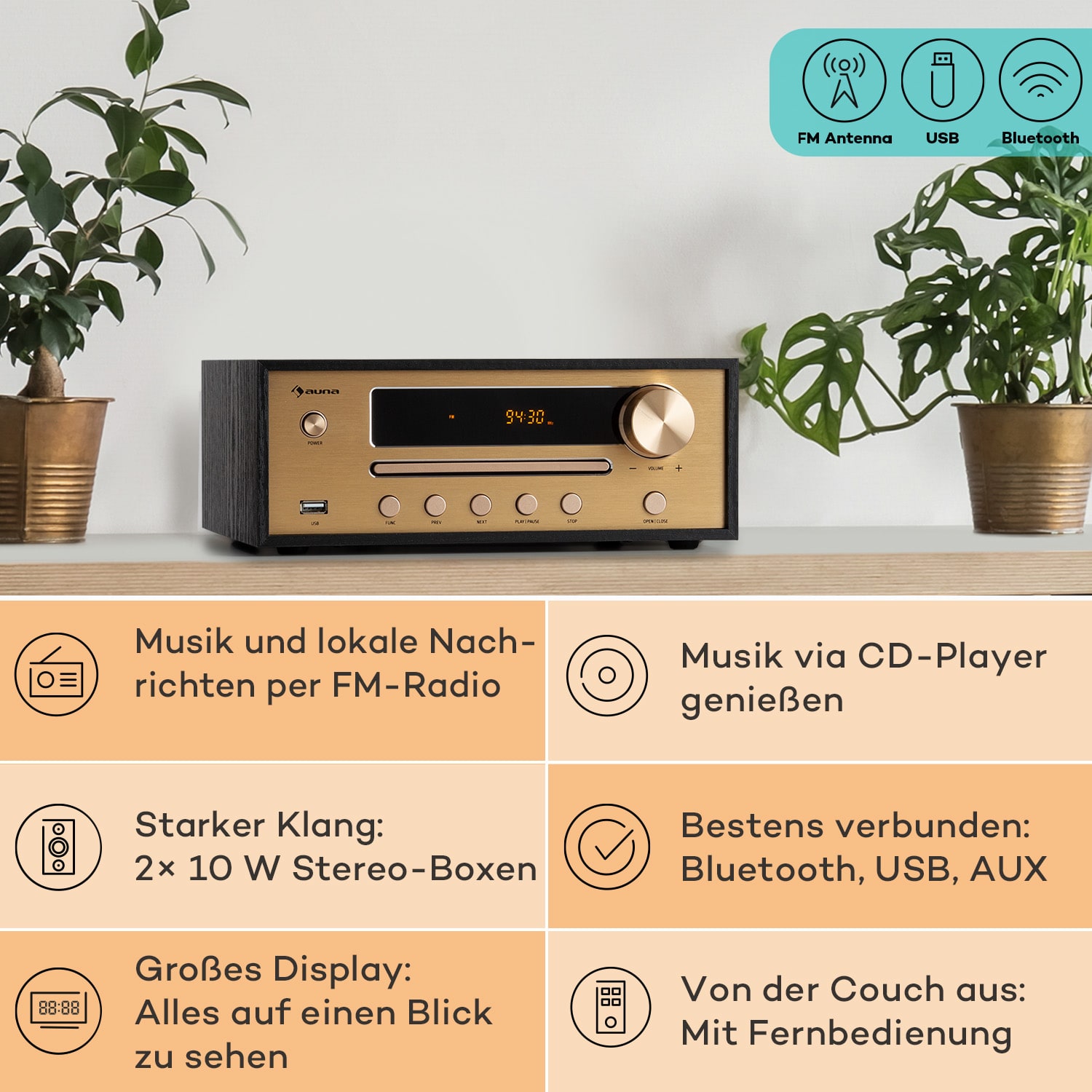 Berklee HiFi Stereo System BT Stereo-Lautsprecher UKW MP3 USB Line-In Schwarzes Holz
