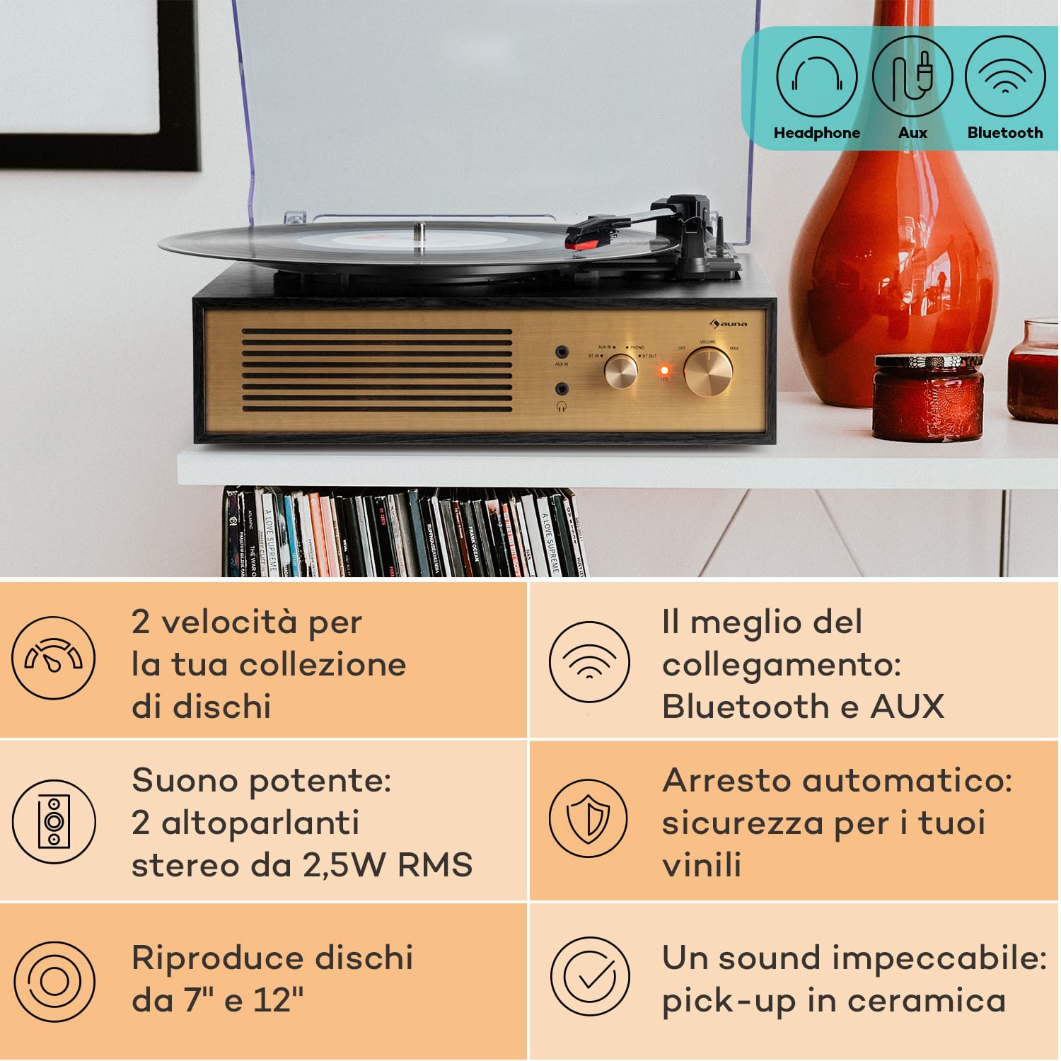 Berklee TT Classic - Giradischi, trazione a cinghia, 33 1/3 & 45 giri/minuto, diffusori stereo 