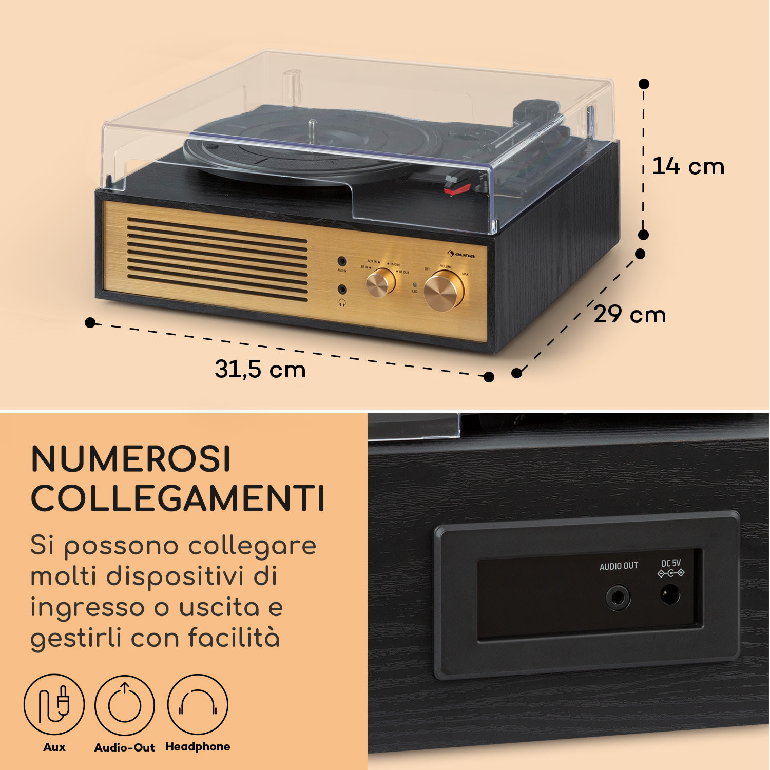 Berklee TT Classic - Giradischi, trazione a cinghia, 33 1/3 & 45 giri/minuto, diffusori stereo 