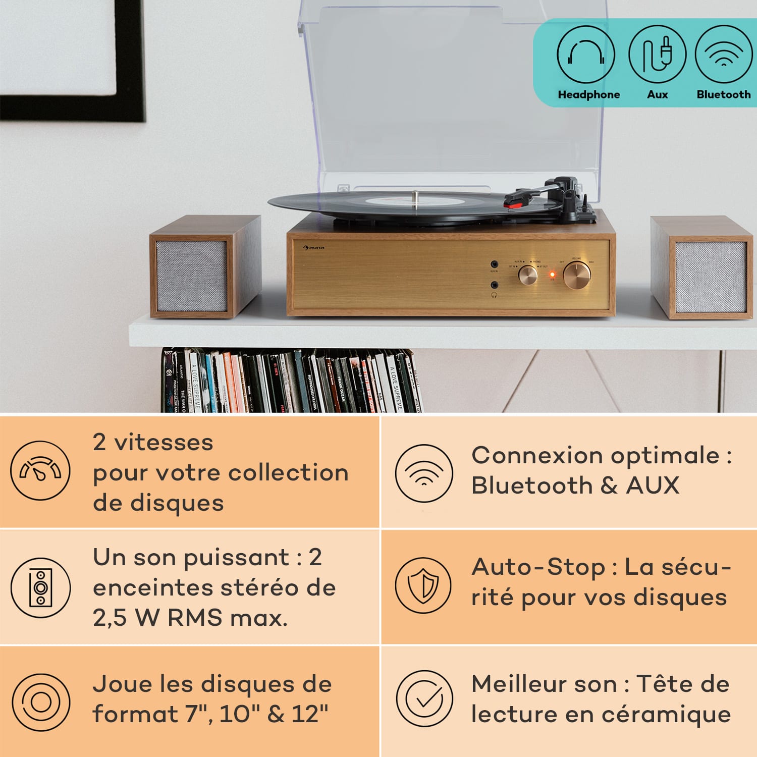 Platine vinyle Berklee TT Play entraînement par courroie 33 1/3 & 45 T/min enceintes stéréo Teck