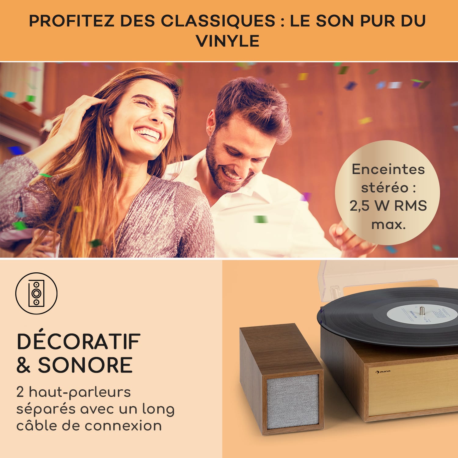 Platine vinyle Berklee TT Play entraînement par courroie 33 1/3 & 45 T/min enceintes stéréo Teck