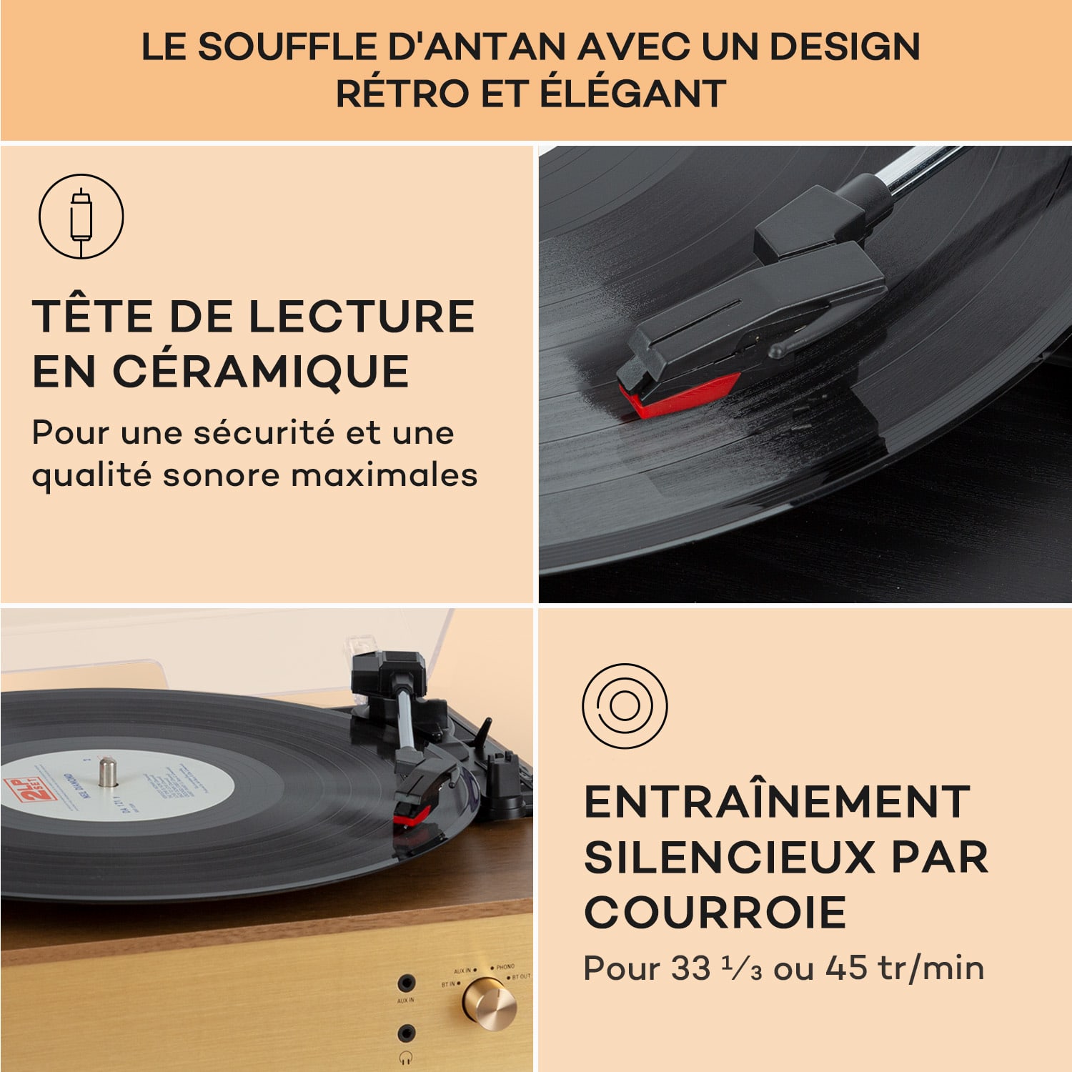 Platine vinyle Berklee TT Play entraînement par courroie 33 1/3 & 45 T/min enceintes stéréo Teck