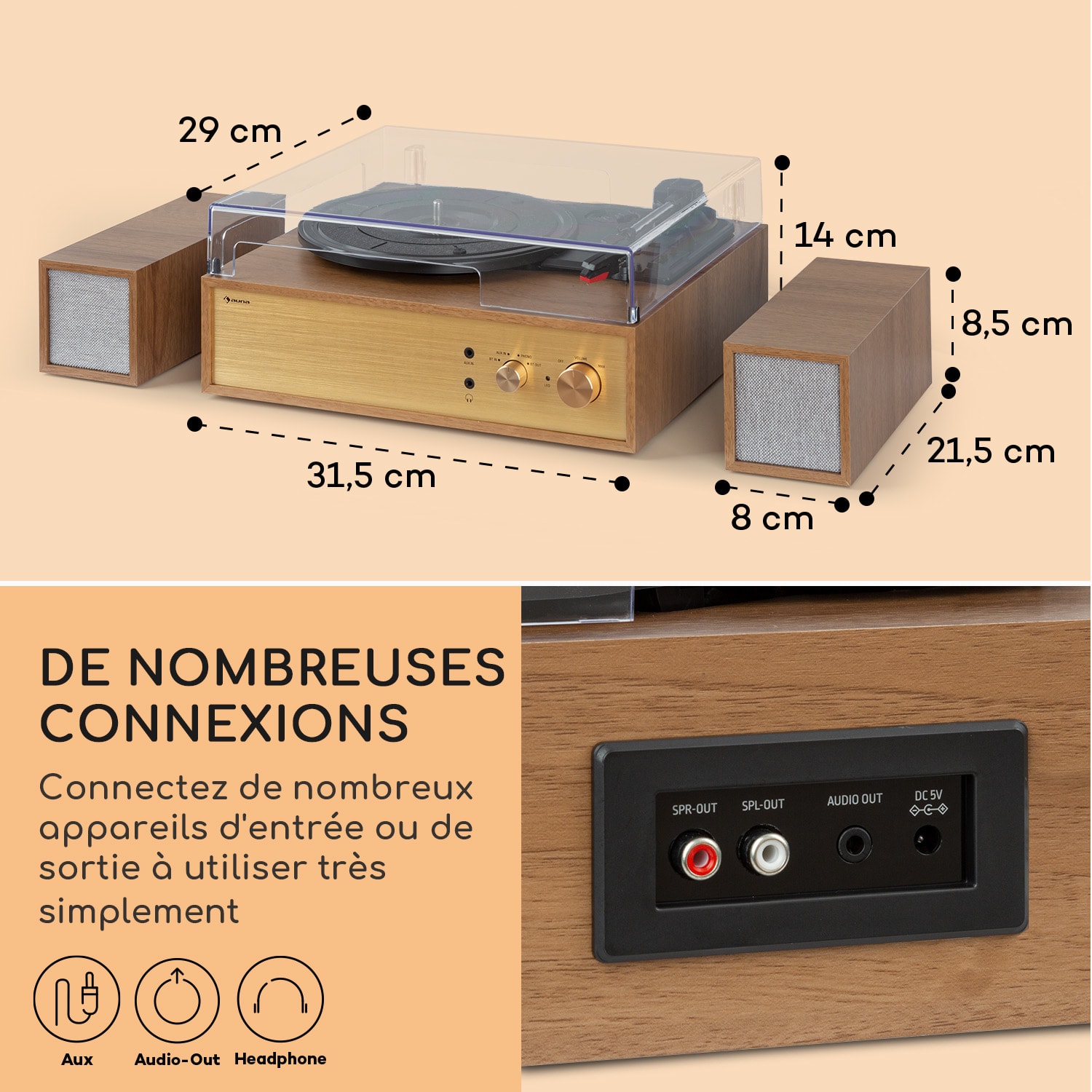 Platine vinyle Berklee TT Play entraînement par courroie 33 1/3 & 45 T/min enceintes stéréo Teck