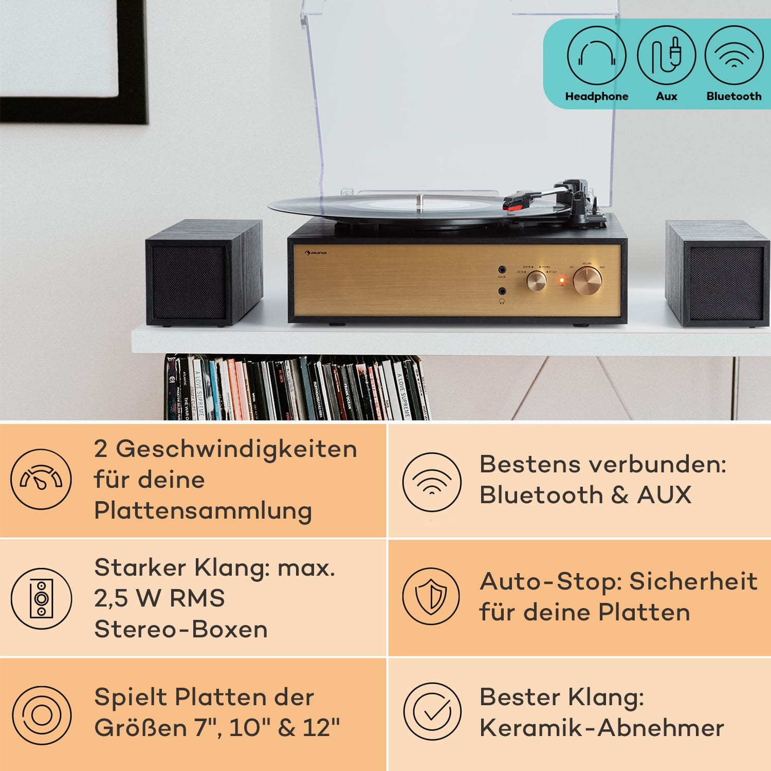 Berklee TT Play Plattenspieler Riemenantrieb 33 1/3 & 45 U/min Stereo-Lautsprecher Schwarzes Holz