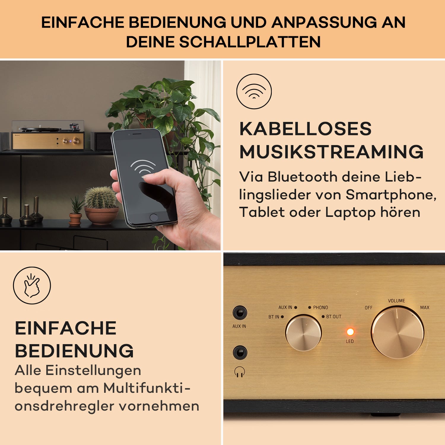 Berklee TT Play Plattenspieler Riemenantrieb 33 1/3 & 45 U/min Stereo-Lautsprecher Schwarzes Holz