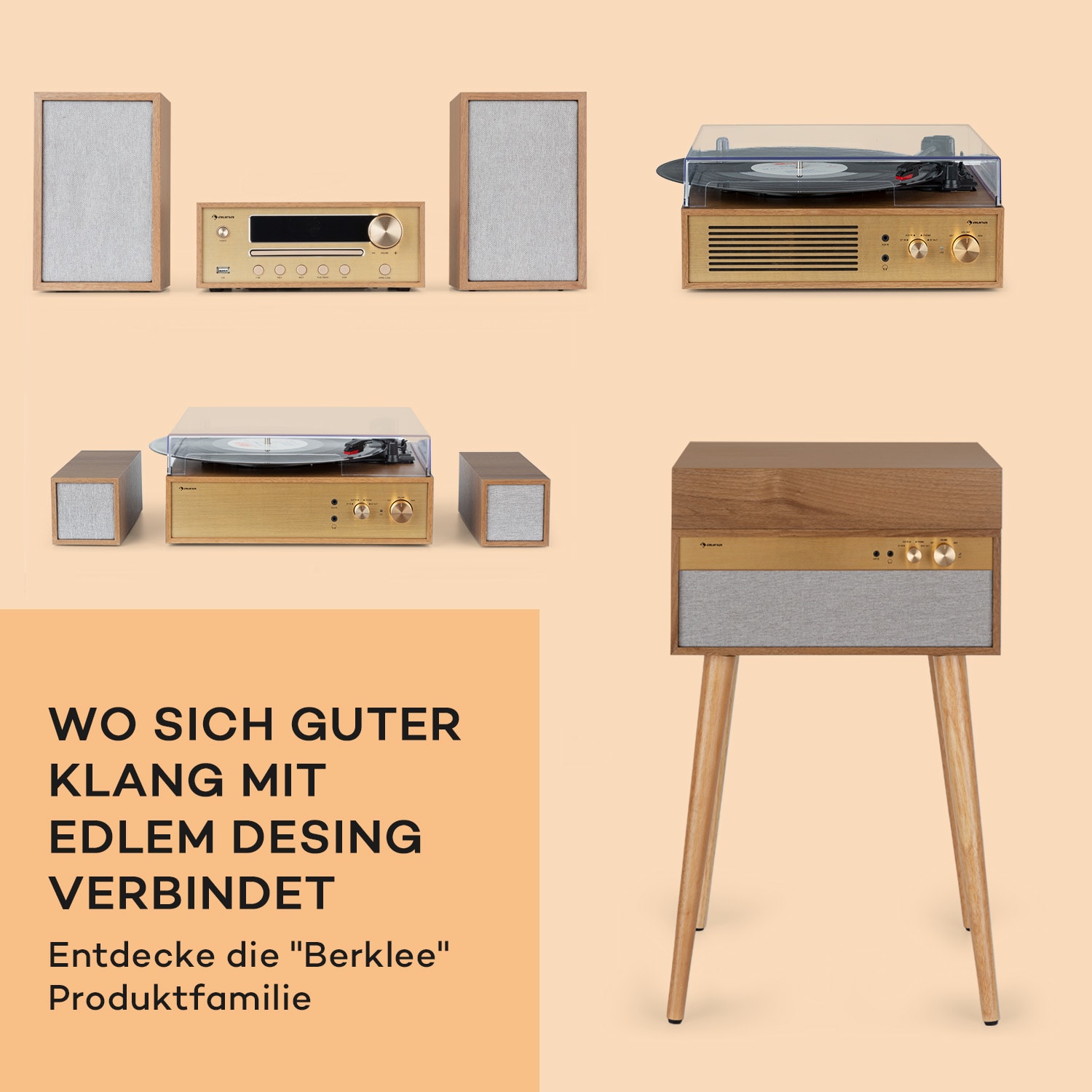 Berklee TT Play Plattenspieler Riemenantrieb 33 1/3 & 45 U/min Stereo-Lautsprecher Schwarzes Holz