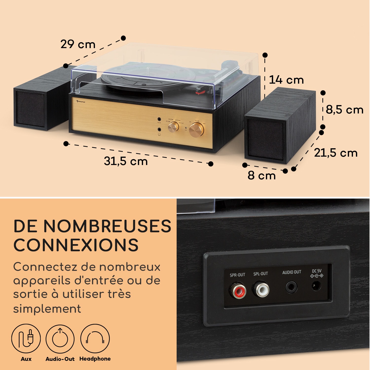 Berklee TT Play platenspeler riemaandrijving 33⅓ en 45 tpm stereoluidspreker Black Wood