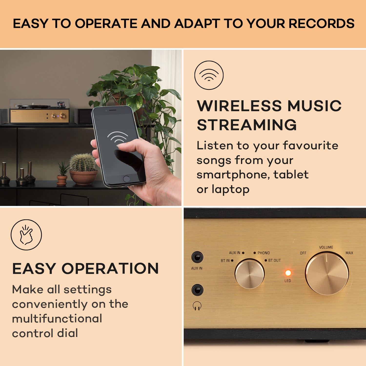 Berklee TT Play, gramofon, napęd paskowy, 33 1/3 i 45 obr./min, głośniki stereo Black Wood