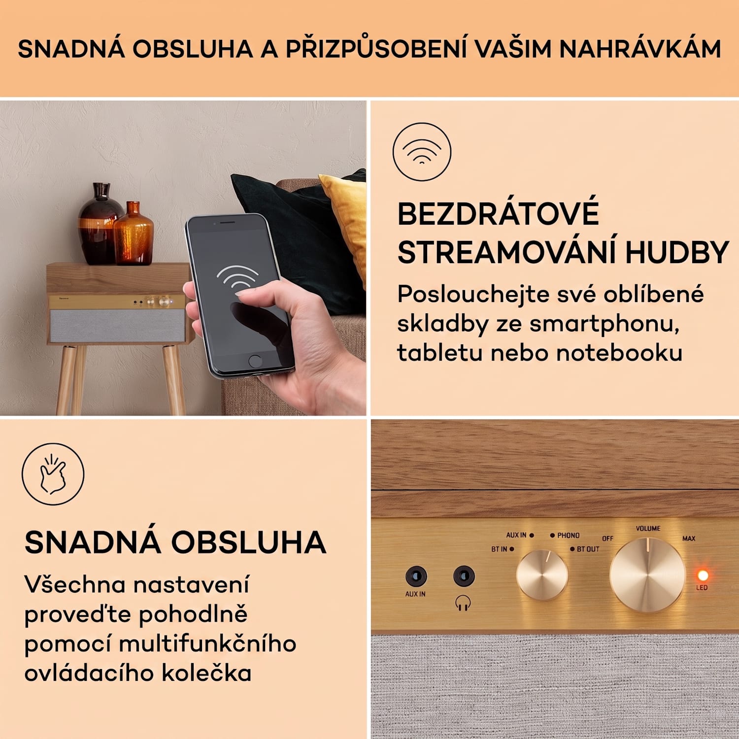 Berklee TT Case, gramofonový přehrávač, řemenový pohon, 33 1/3, 45 a 78 otáček/minutu, stereo reproduktory Teakové dřevo