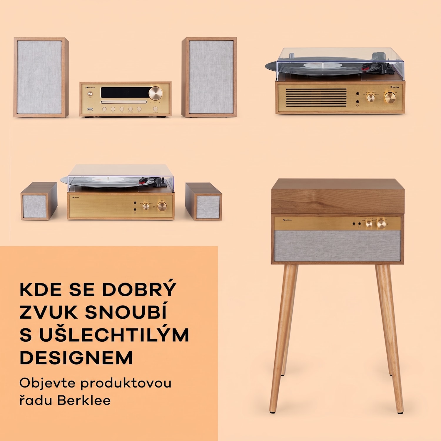 Berklee TT Case, gramofonový přehrávač, řemenový pohon, 33 1/3, 45 a 78 otáček/minutu, stereo reproduktory Teakové dřevo