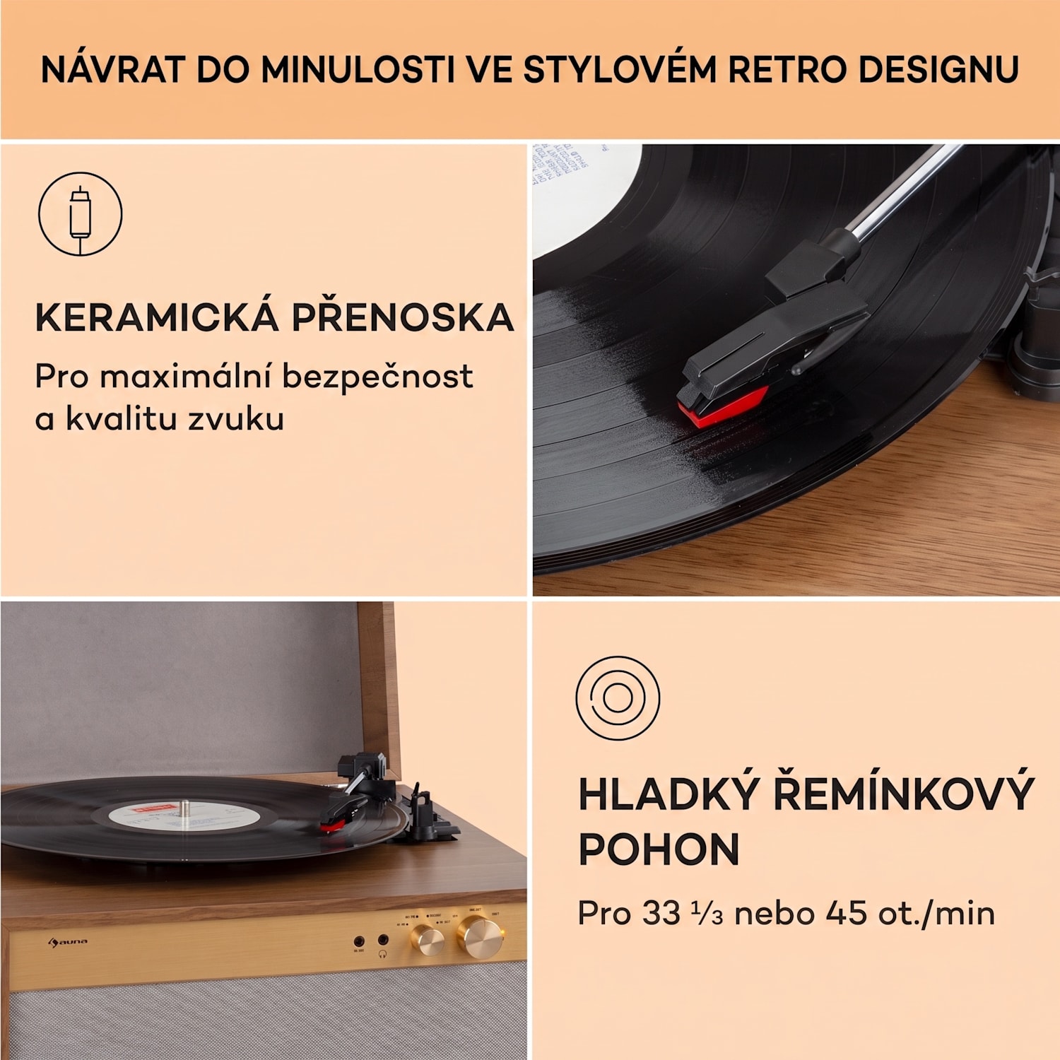 Berklee TT Case, gramofonový přehrávač, řemenový pohon, 33 1/3, 45 a 78 otáček/minutu, stereo reproduktory Teakové dřevo