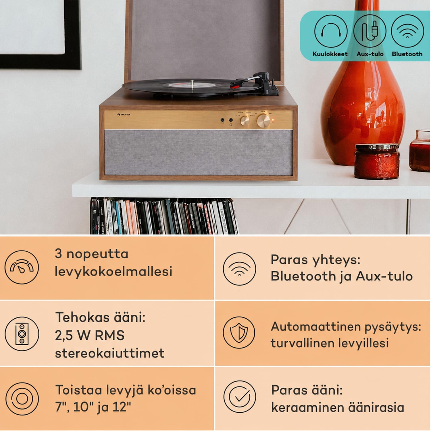 Berklee TT Case levysoitin hihnaveto 33 1/3 & 45 rpm stereokaiuttimet puuta Tiikki