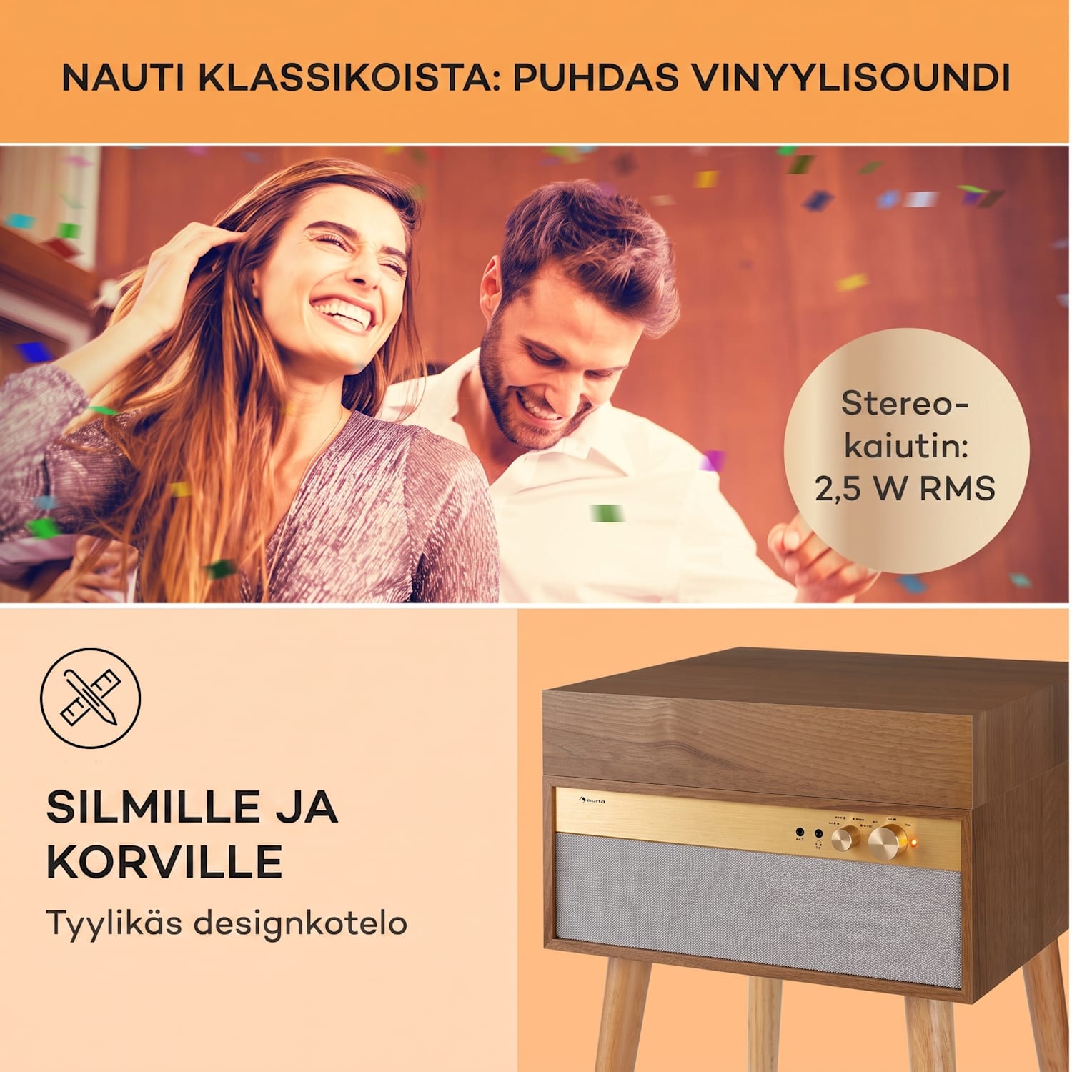 Berklee TT Case levysoitin hihnaveto 33 1/3 & 45 rpm stereokaiuttimet puuta Tiikki