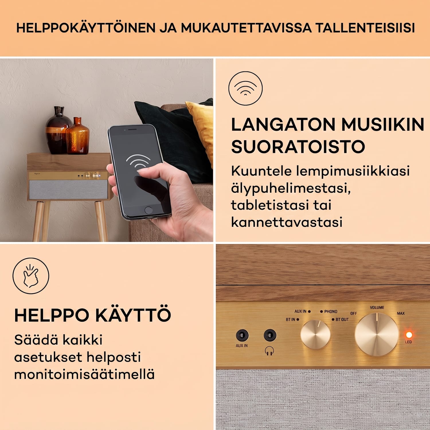 Berklee TT Case levysoitin hihnaveto 33 1/3 & 45 rpm stereokaiuttimet puuta Tiikki