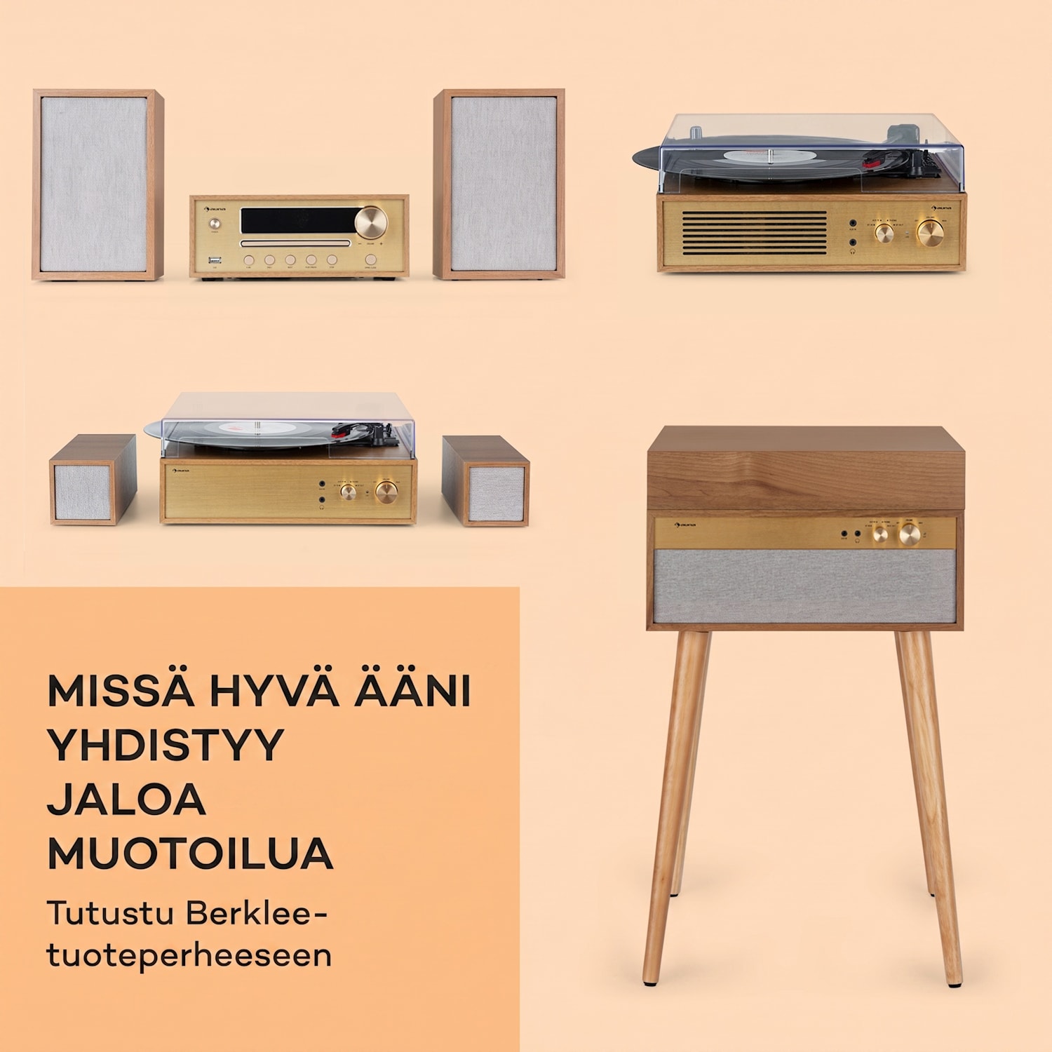 Berklee TT Case levysoitin hihnaveto 33 1/3 & 45 rpm stereokaiuttimet puuta Tiikki