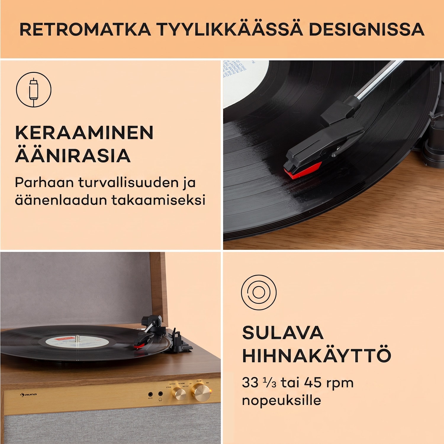 Berklee TT Case levysoitin hihnaveto 33 1/3 & 45 rpm stereokaiuttimet puuta Tiikki