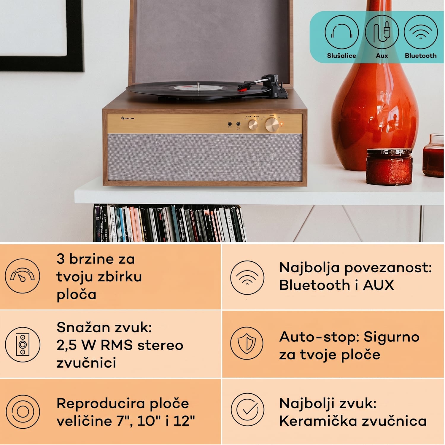 Kućište Berklee TT, gramofon, remenski pogon, 33 1/3, 45 i 78 okretaja u minuti, stereo zvučnici Tikovina