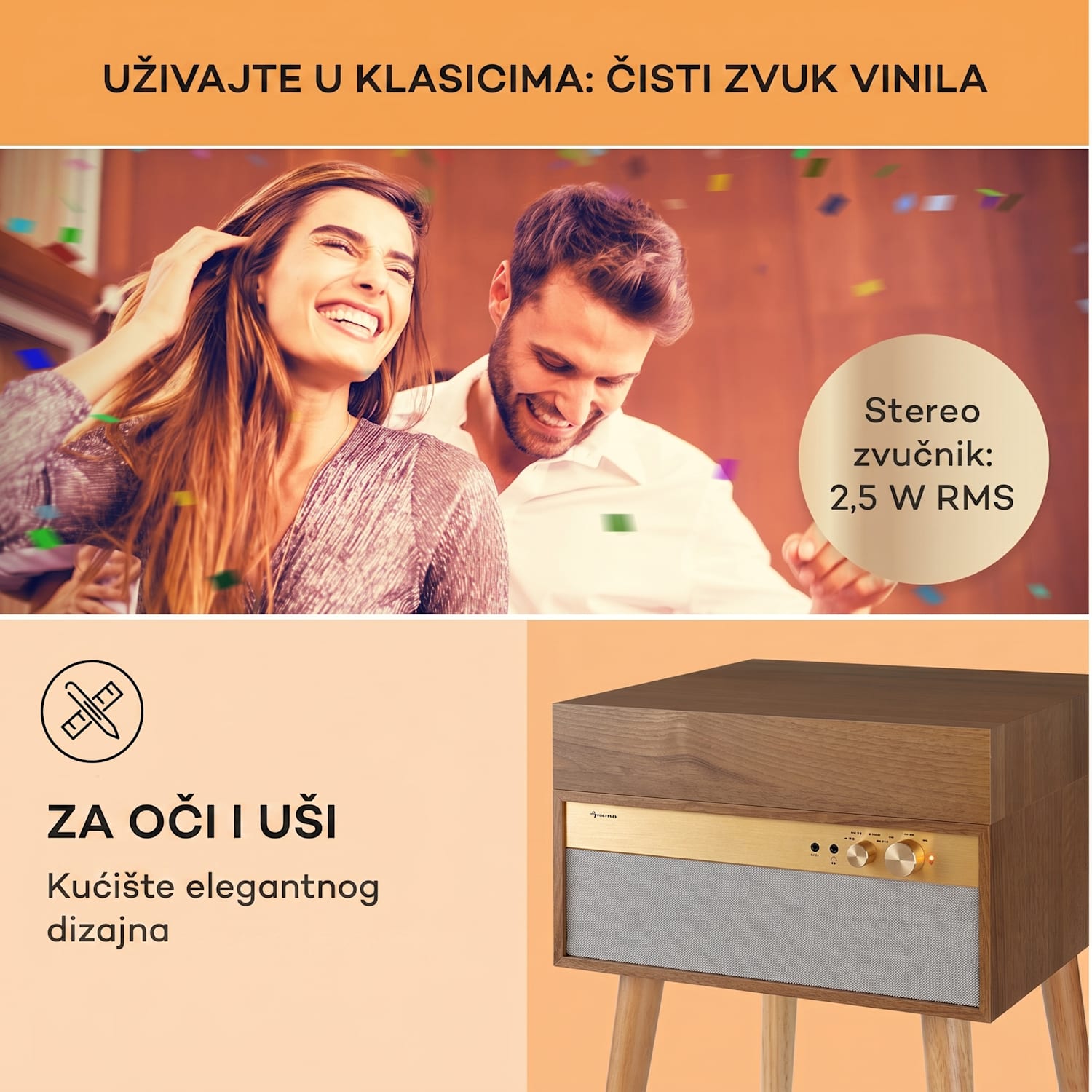 Kućište Berklee TT, gramofon, remenski pogon, 33 1/3, 45 i 78 okretaja u minuti, stereo zvučnici Tikovina