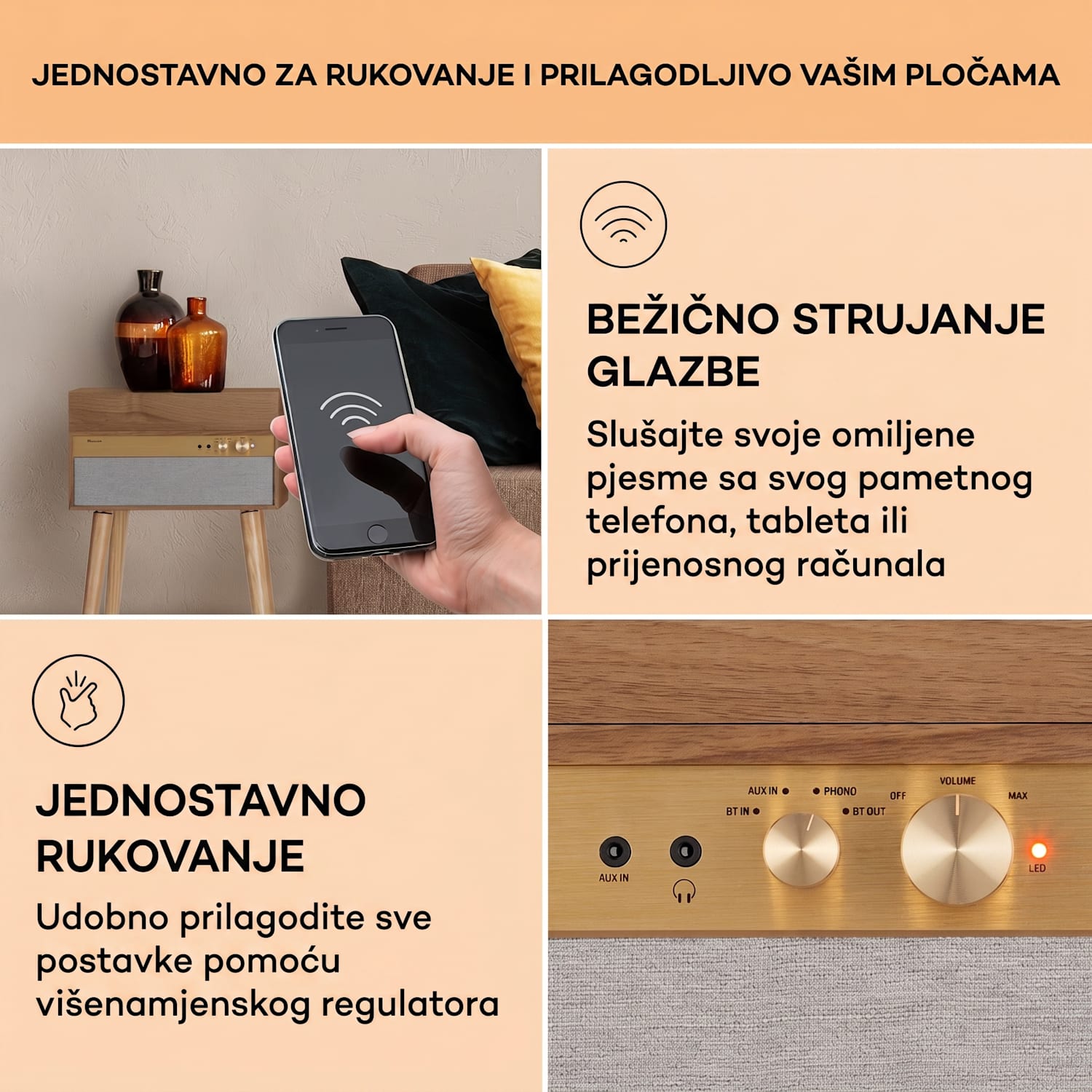 Kućište Berklee TT, gramofon, remenski pogon, 33 1/3, 45 i 78 okretaja u minuti, stereo zvučnici Tikovina