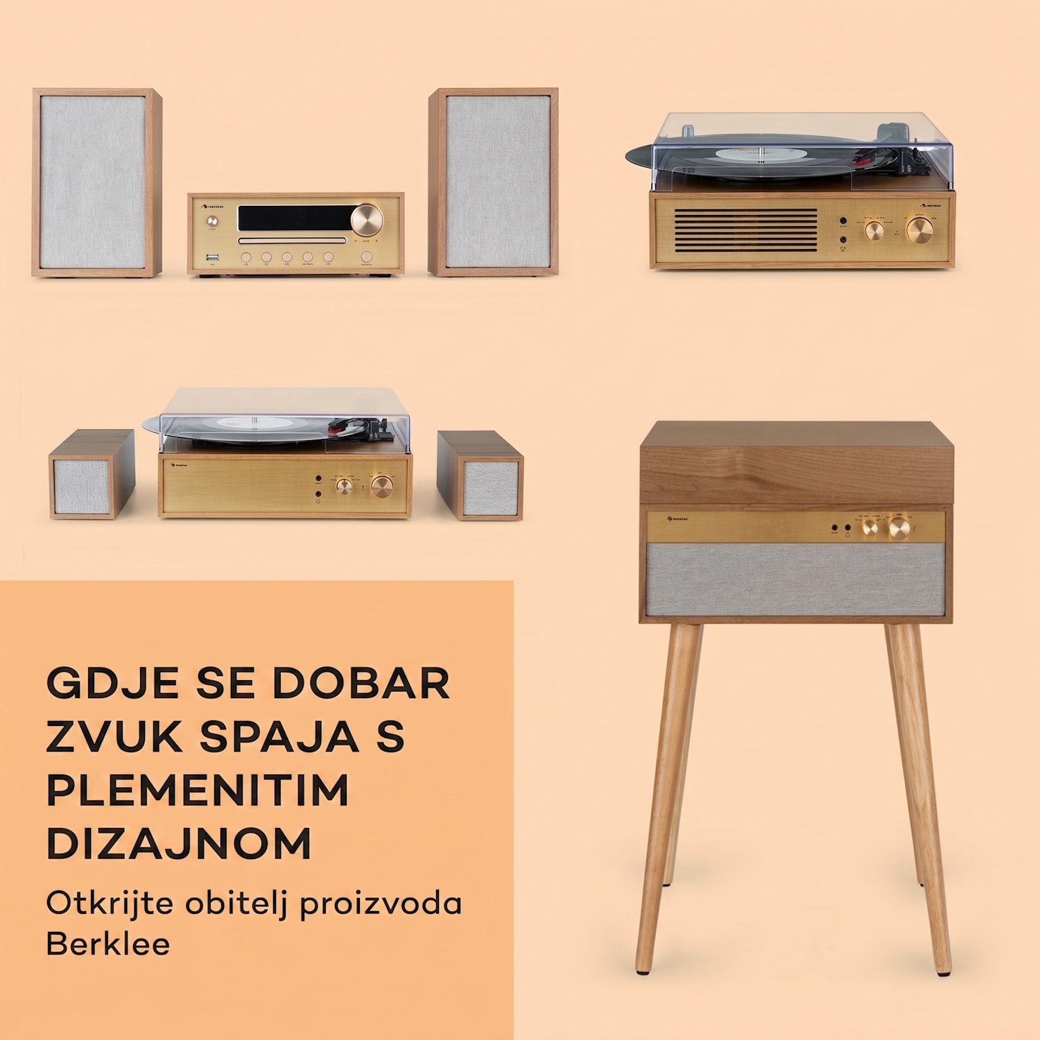 Kućište Berklee TT, gramofon, remenski pogon, 33 1/3, 45 i 78 okretaja u minuti, stereo zvučnici Tikovina