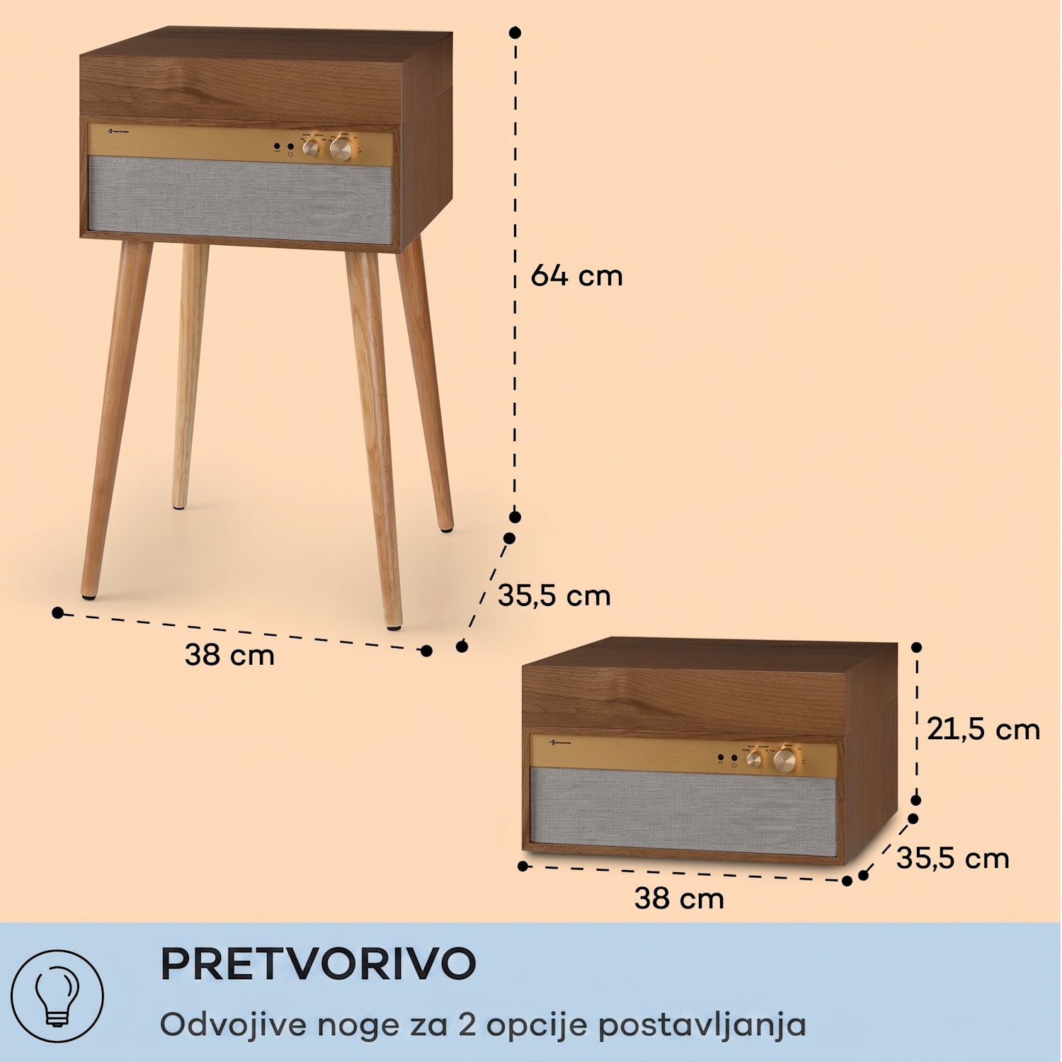 Kućište Berklee TT, gramofon, remenski pogon, 33 1/3, 45 i 78 okretaja u minuti, stereo zvučnici Tikovina