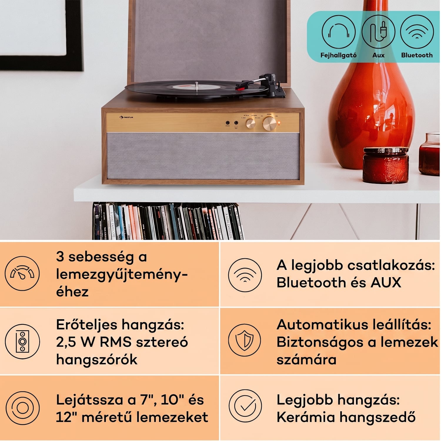 Berklee TT Case, lemezjátszó, szíjhajtás, 33 1/3 és 45 fordulat/perc, sztereó hangszórók, fa Teak
