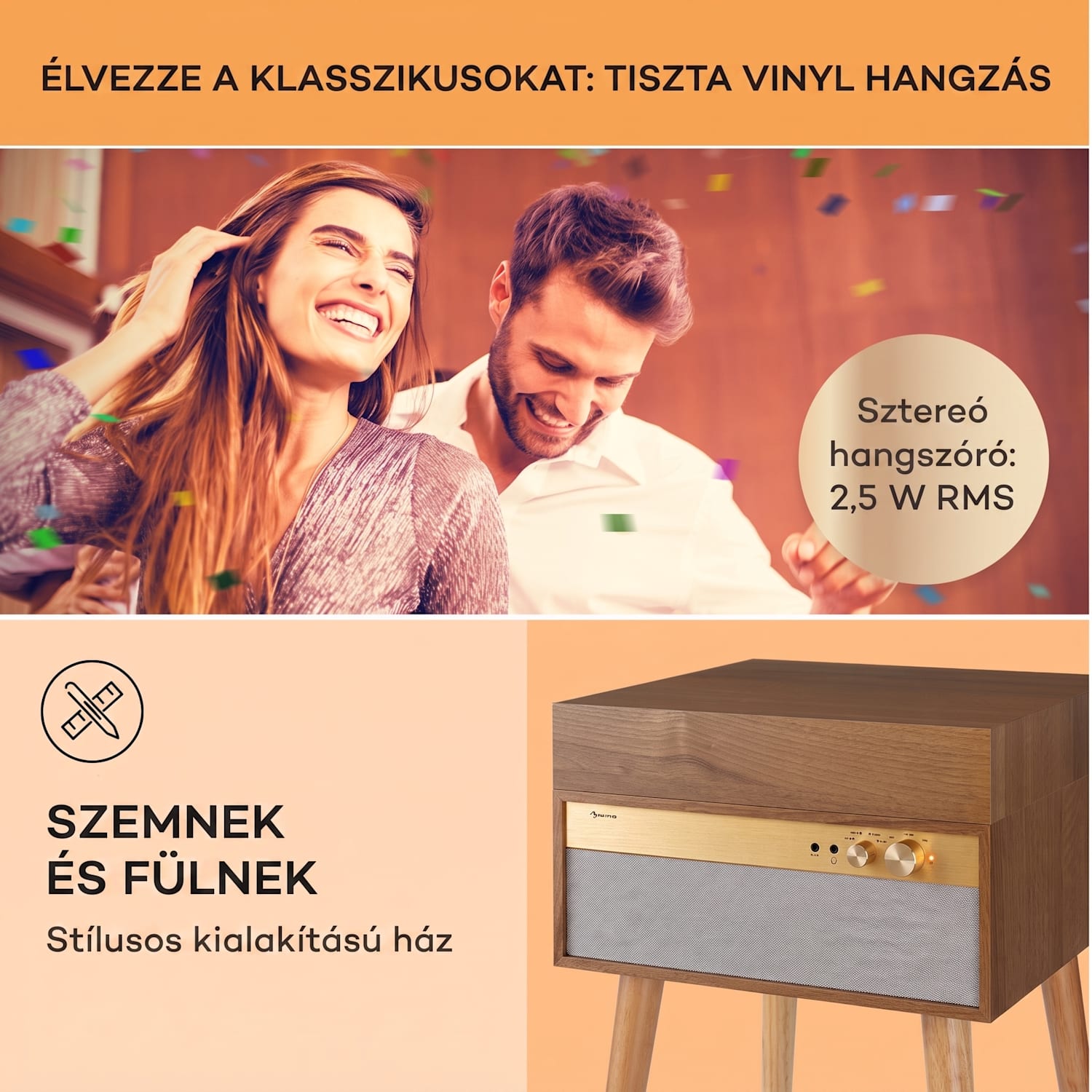 Berklee TT Case, lemezjátszó, szíjhajtás, 33 1/3 és 45 fordulat/perc, sztereó hangszórók, fa Teak
