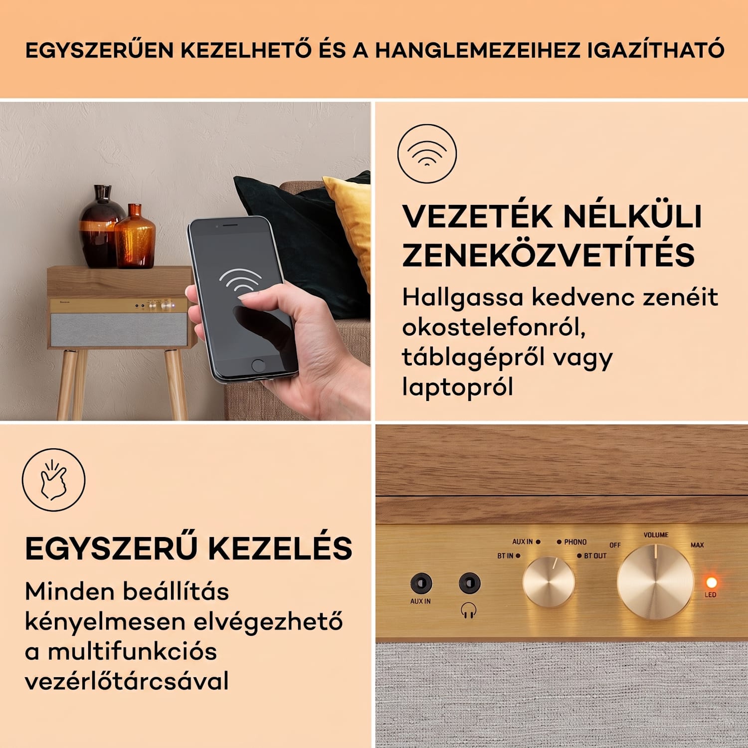 Berklee TT Case, lemezjátszó, szíjhajtás, 33 1/3 és 45 fordulat/perc, sztereó hangszórók, fa Teak