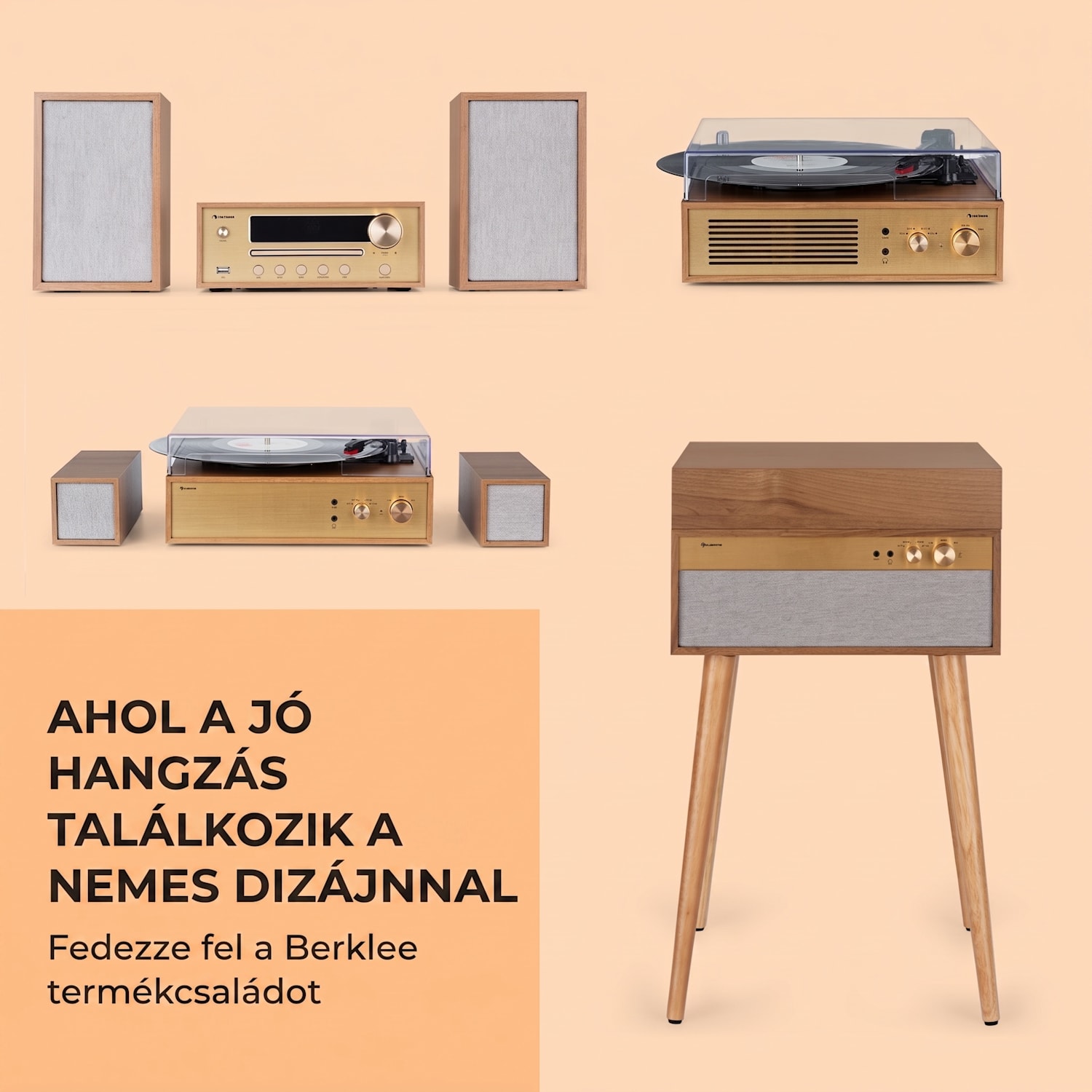 Berklee TT Case, lemezjátszó, szíjhajtás, 33 1/3 és 45 fordulat/perc, sztereó hangszórók, fa Teak