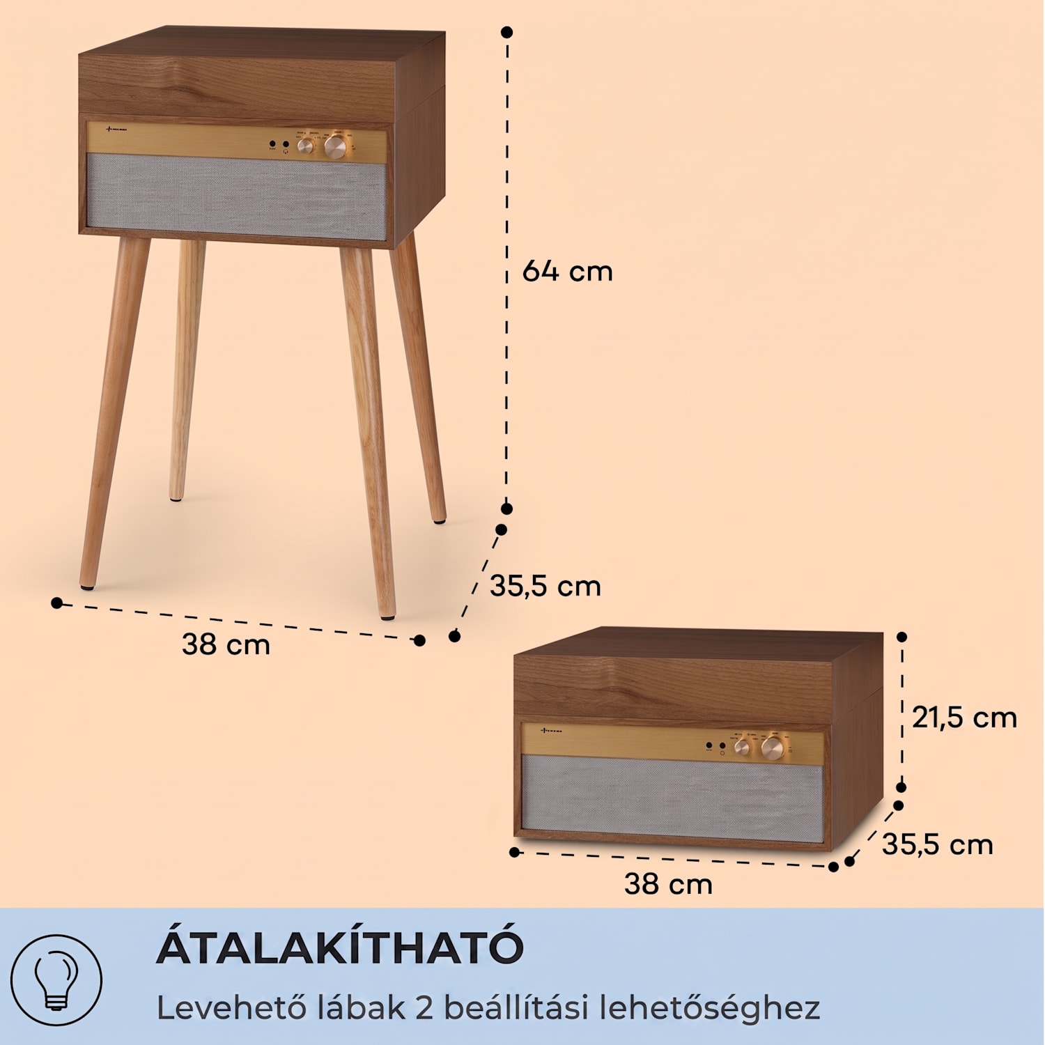Berklee TT Case, lemezjátszó, szíjhajtás, 33 1/3 és 45 fordulat/perc, sztereó hangszórók, fa Teak