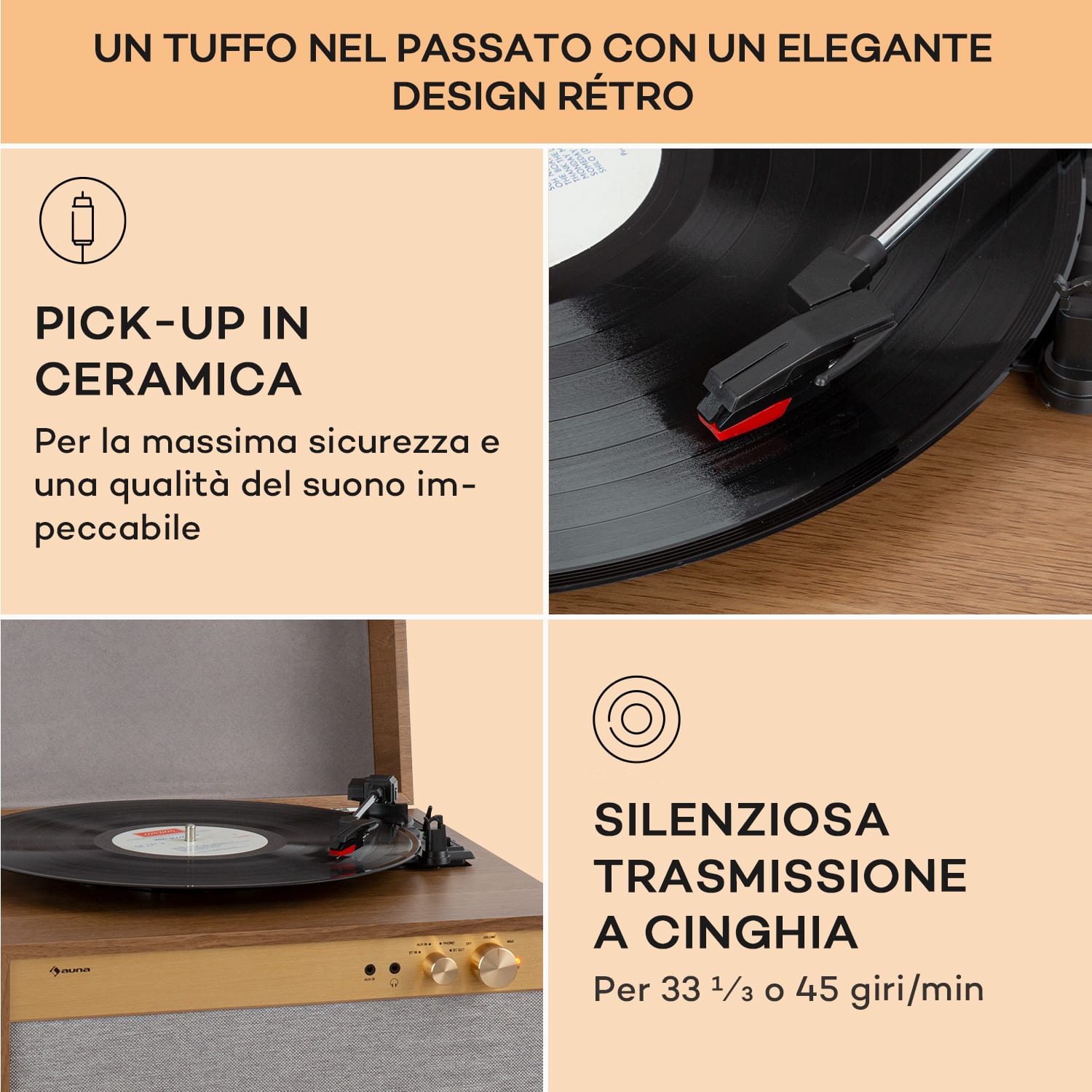 Berklee TT Case - Giradischi, trazione a cinghia, 33 1/3 & 45 giri/minuto, diffusori stereo, legno Teak
