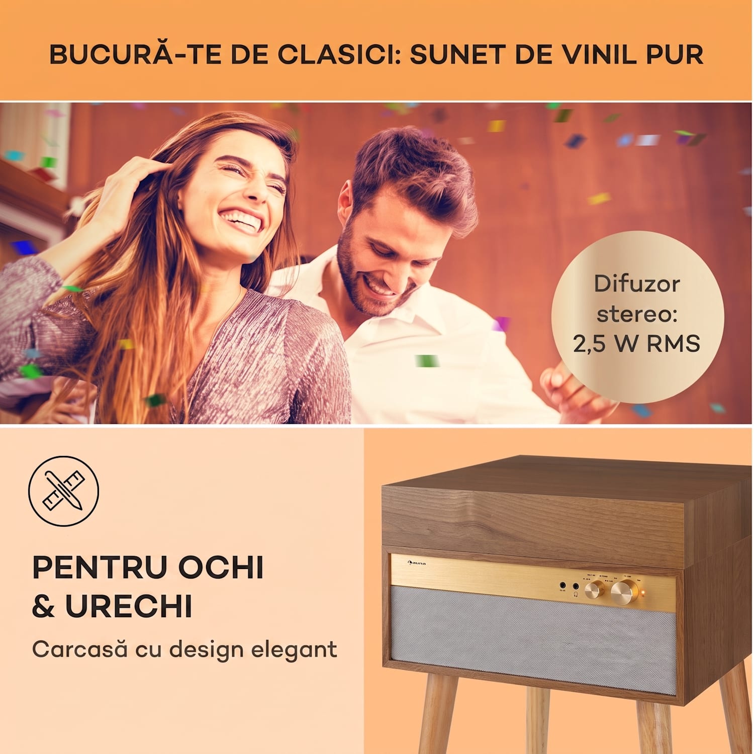Berklee TT Case, player gramofon, transmisie prin curea, 33 1/3, 45 și 78 RPM, difuzoare stereo Teak