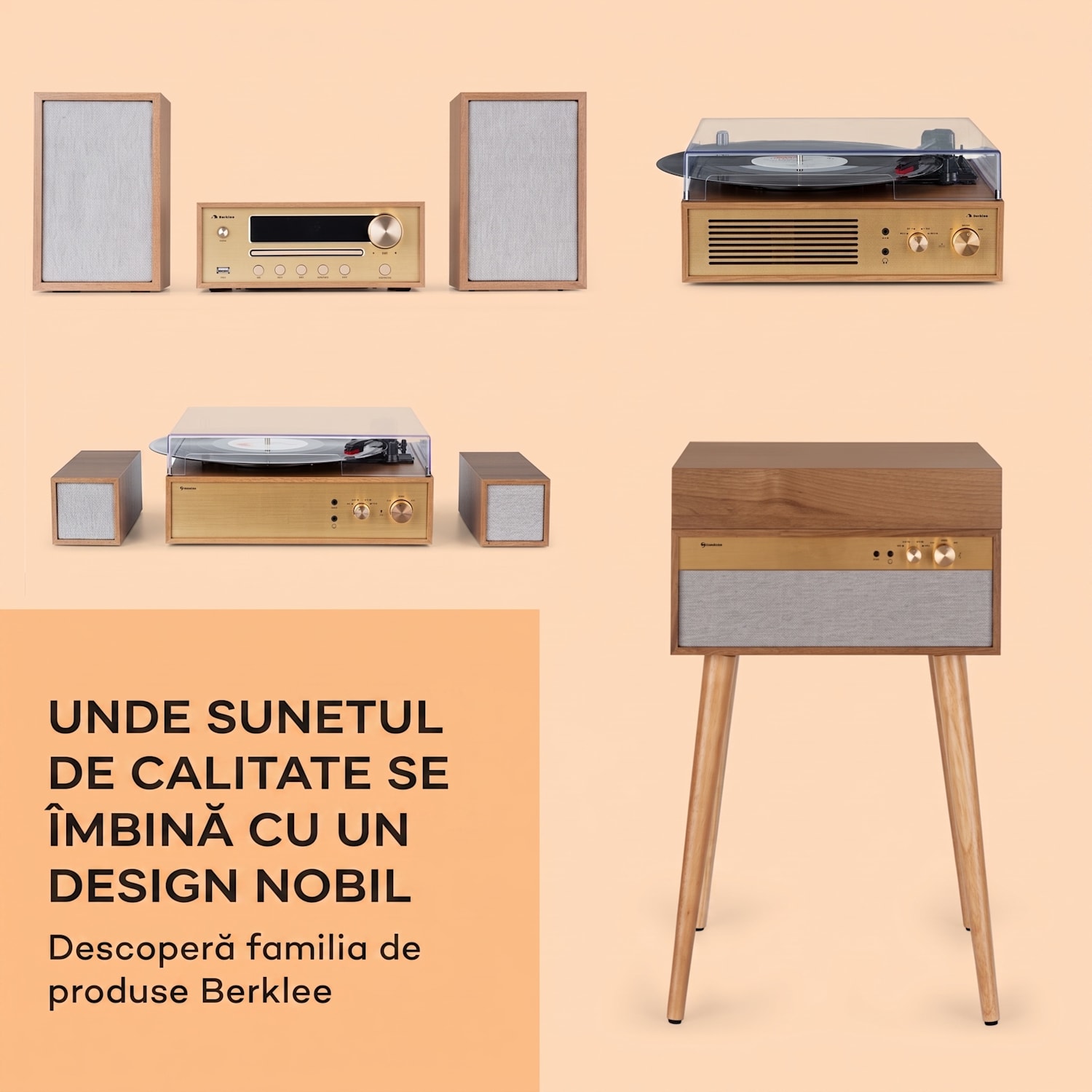 Berklee TT Case, player gramofon, transmisie prin curea, 33 1/3, 45 și 78 RPM, difuzoare stereo Teak
