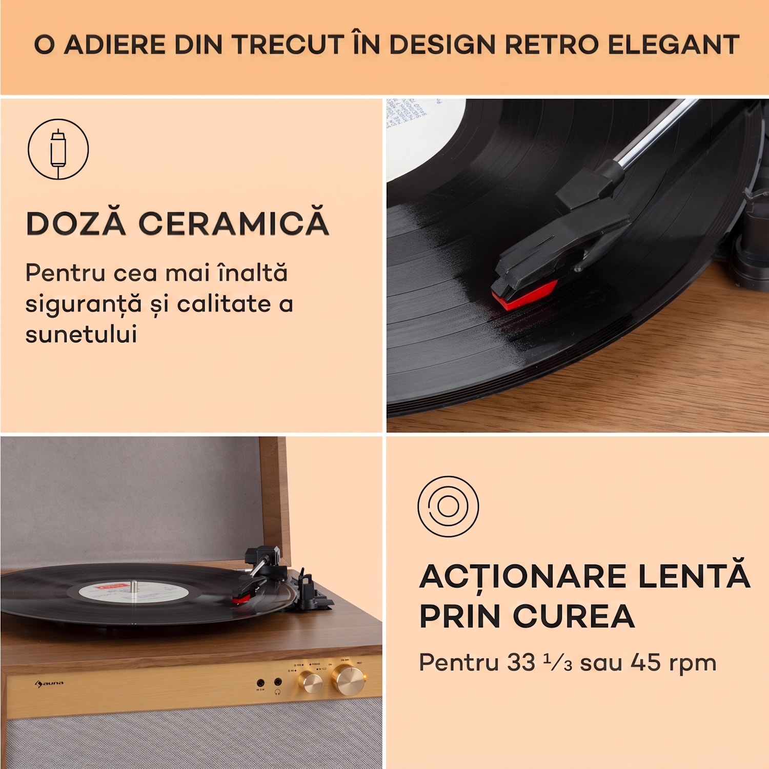 Berklee TT Case, player gramofon, transmisie prin curea, 33 1/3, 45 și 78 RPM, difuzoare stereo Teak