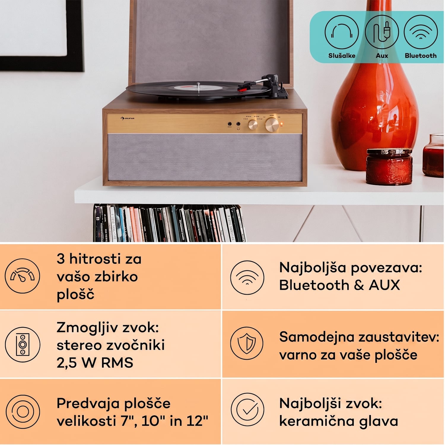 Berklee TT Classic, gramofon, jermenski pogon, 33 1/3, 45 in 78 vrtljajev na minuto, stereo zvočniki Tik